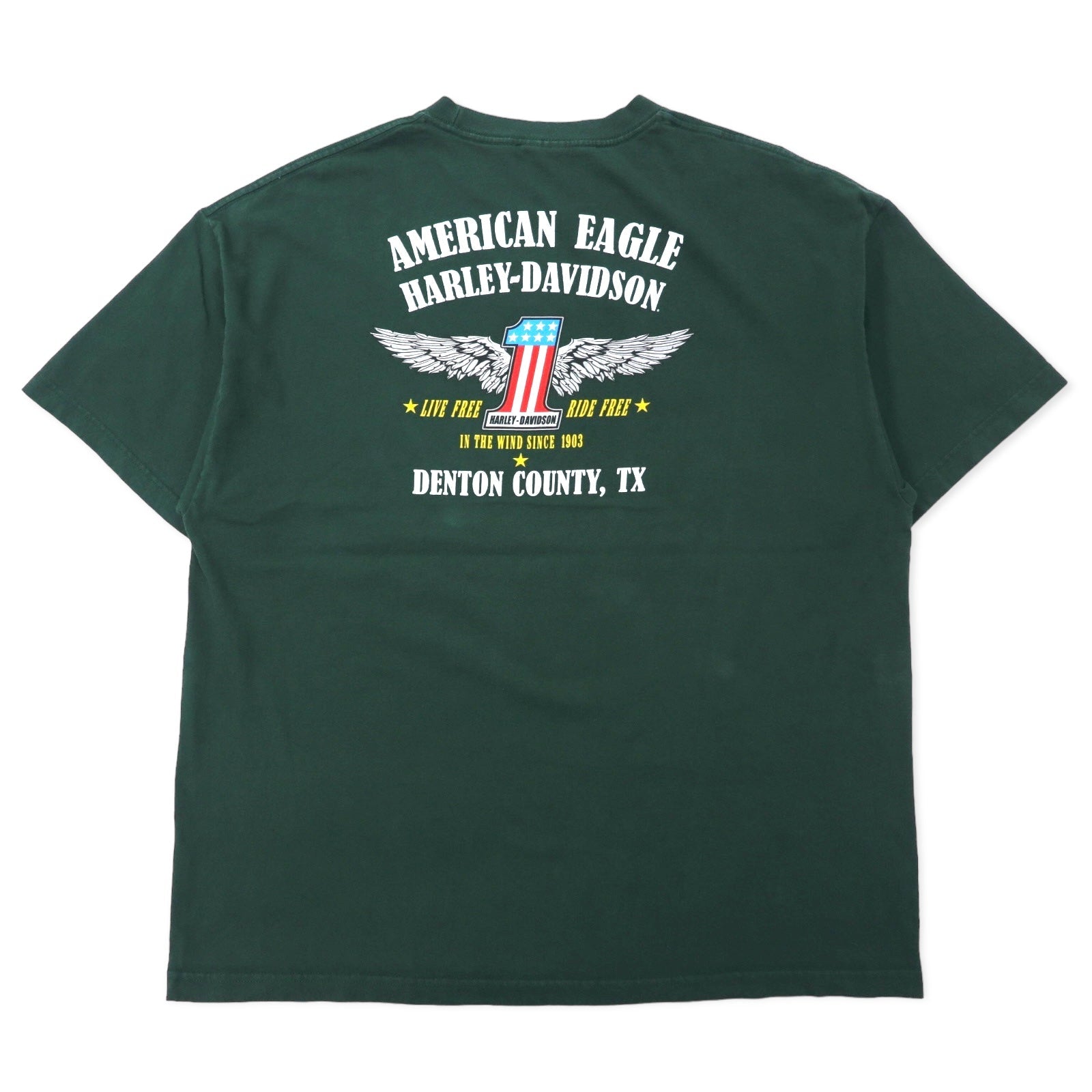 T-shirt HARLEY DAVIDSON con stampa logo, taglia XL, verde, cotone, numero uno, stampa fronte-retro DENTON COUNTY TX