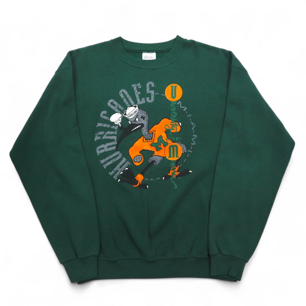 SANTEE by PLUMA USA made 90s NCAA College Print Sweatshirt L Green Brushed Miami Hurricanes