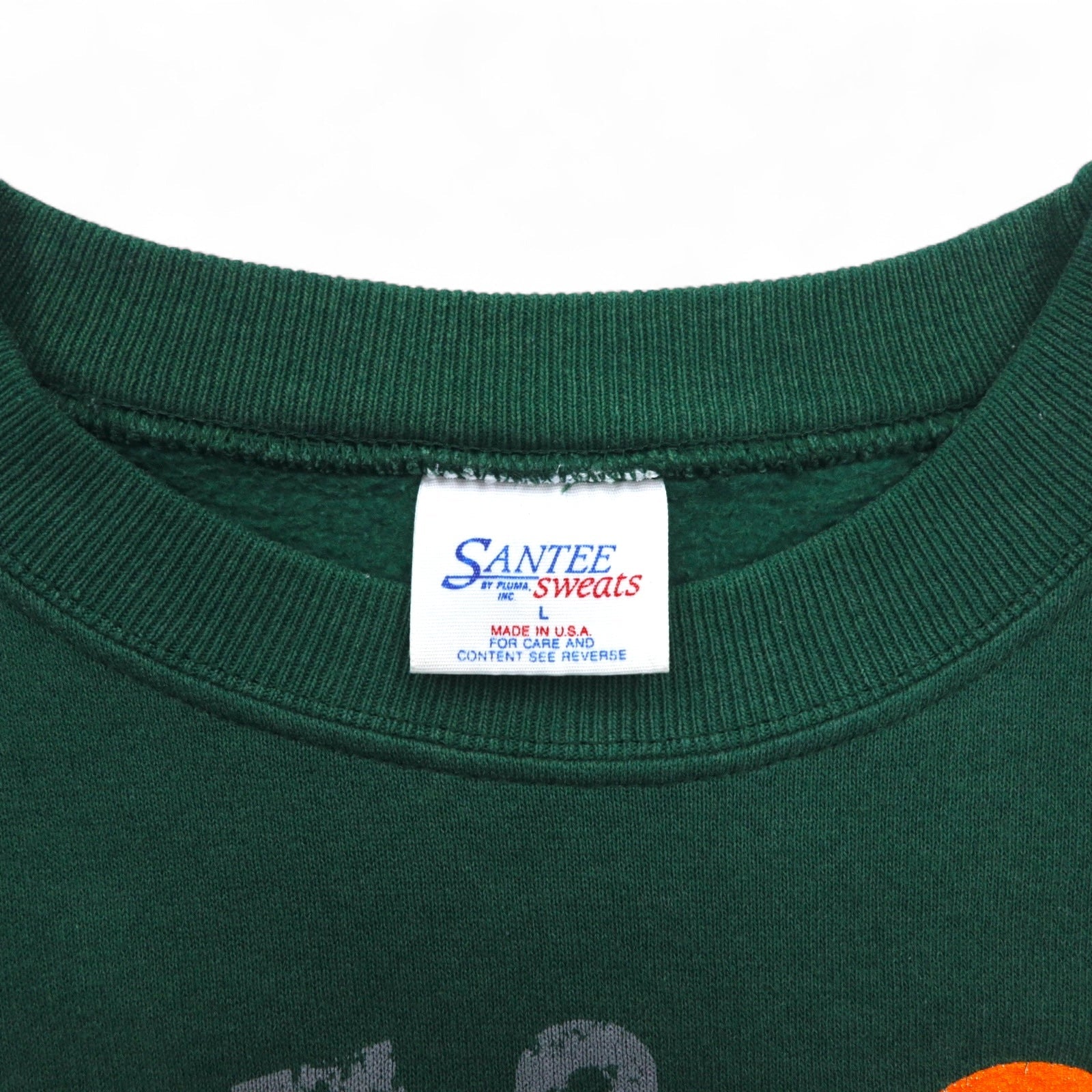 SANTEE by PLUMA USA made 90s NCAA College Print Sweatshirt L Green Brushed Miami Hurricanes