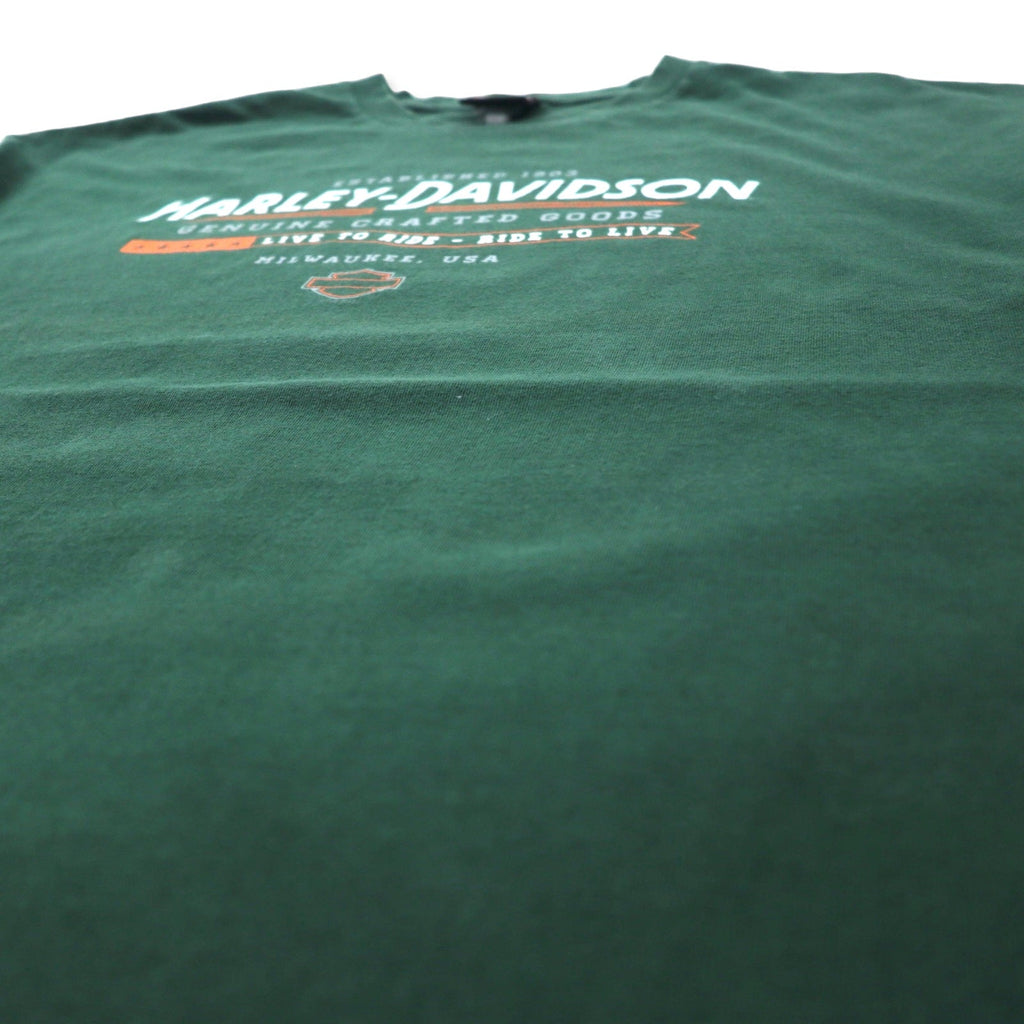 T-shirt HARLEY DAVIDSON con stampa logo, taglia XL, verde, cotone, numero uno, stampa fronte-retro DENTON COUNTY TX