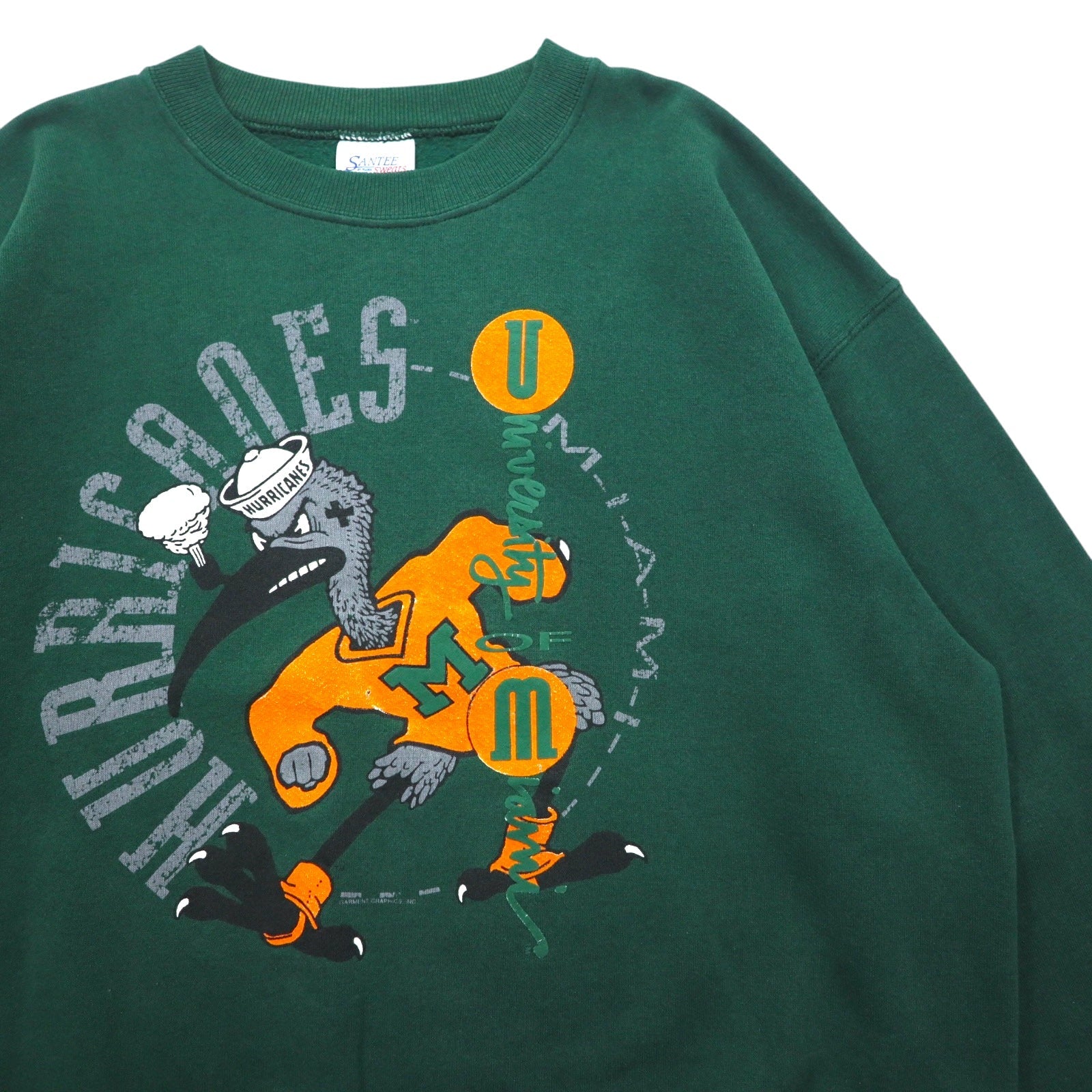 SANTEE by PLUMA USA made 90s NCAA College Print Sweatshirt L Green Brushed Miami Hurricanes