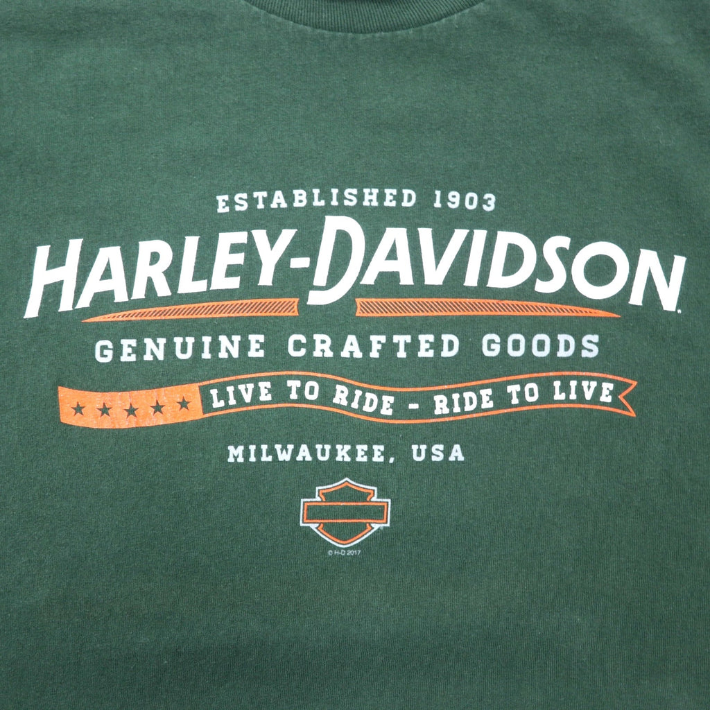 T-shirt HARLEY DAVIDSON con stampa logo, taglia XL, verde, cotone, numero uno, stampa fronte-retro DENTON COUNTY TX