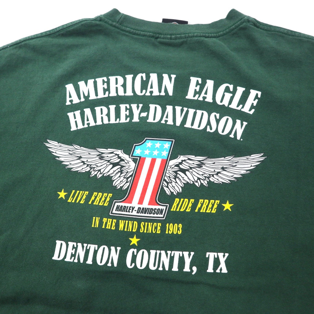T-shirt HARLEY DAVIDSON con stampa logo, taglia XL, verde, cotone, numero uno, stampa fronte-retro DENTON COUNTY TX