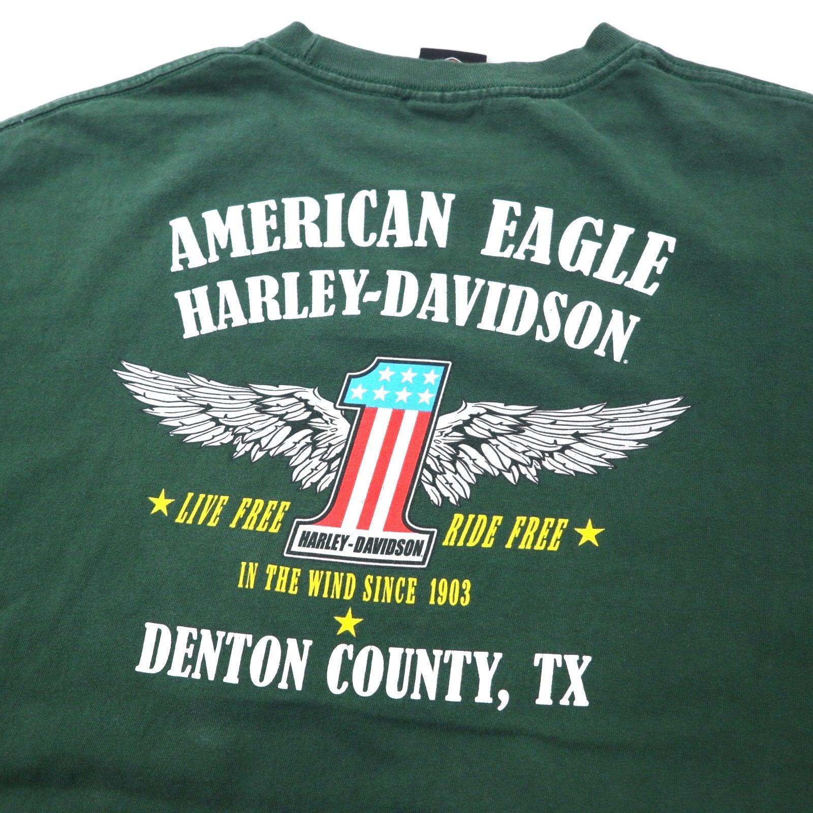 T-shirt HARLEY DAVIDSON con stampa logo, taglia XL, verde, cotone, numero uno, stampa fronte-retro DENTON COUNTY TX