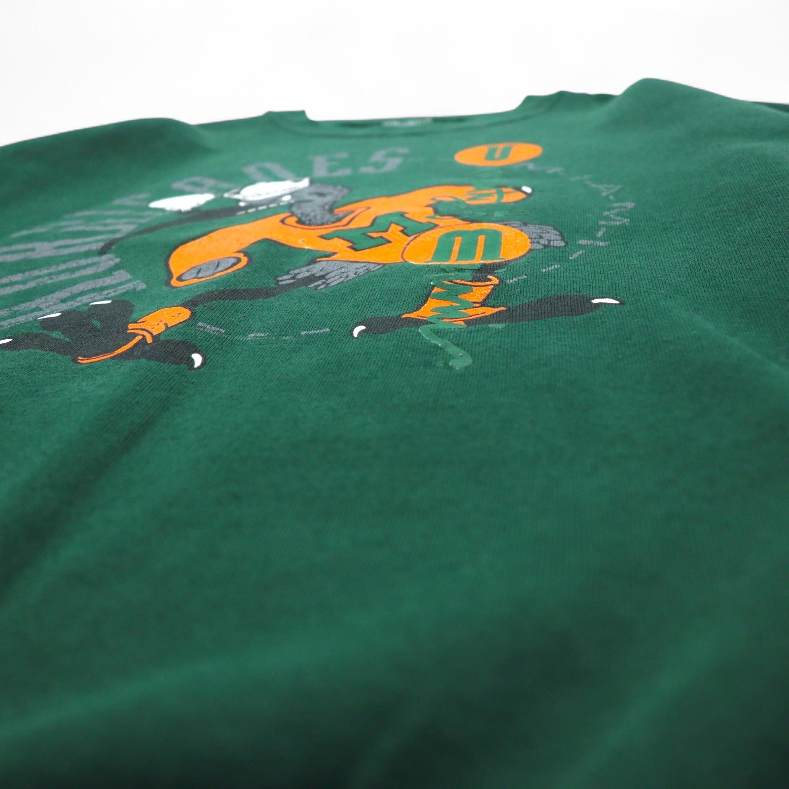 SANTEE by PLUMA USA made 90s NCAA College Print Sweatshirt L Green Brushed Miami Hurricanes
