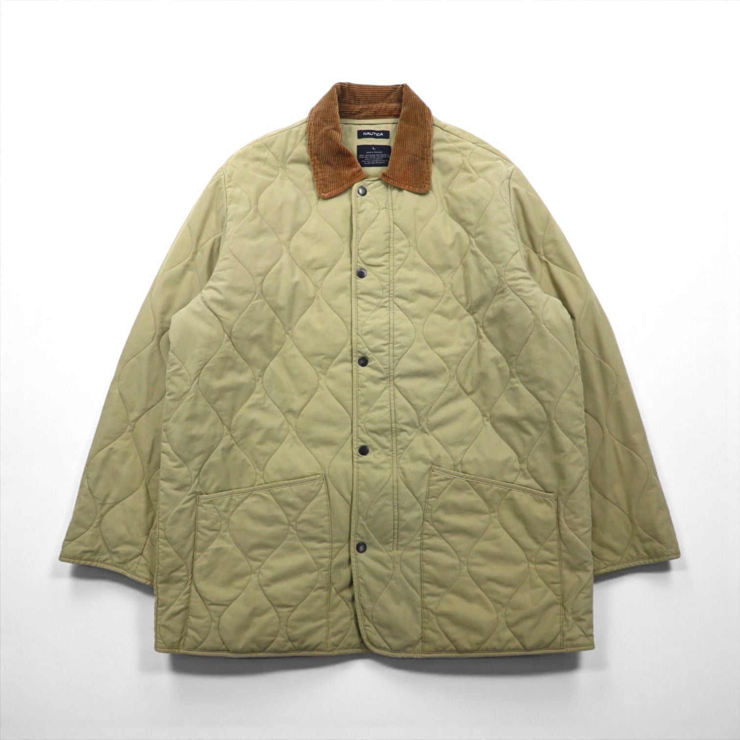 NAUTICA キルティングジャケット L ベージュ 裏地チェック 襟コーデュロイ 中綿 Smart Fabric technology スナップボタン ファスナー開閉