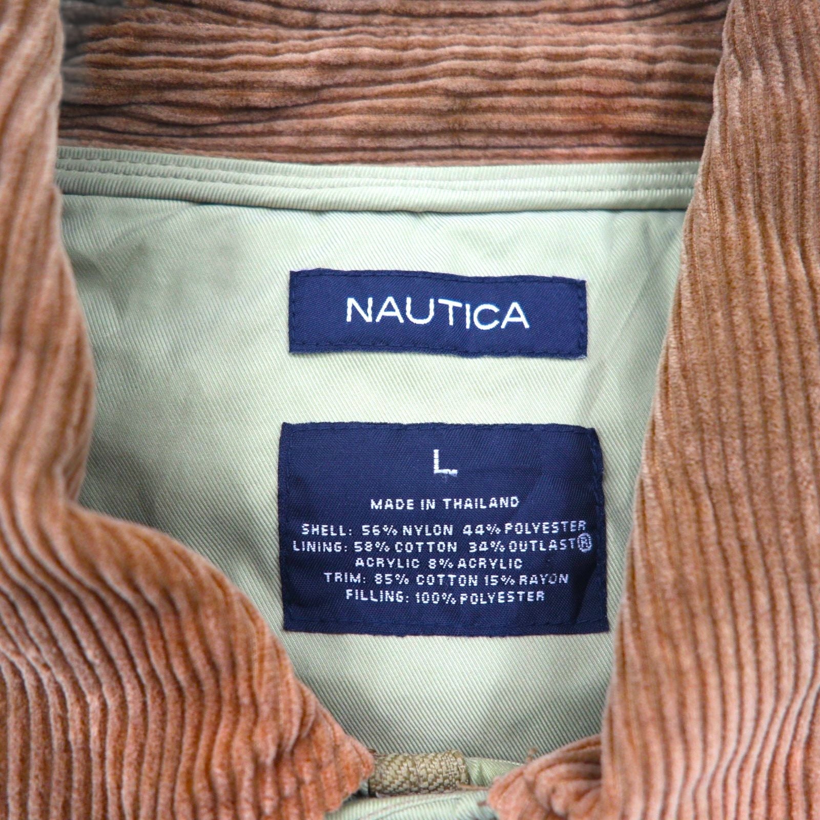 NAUTICA キルティングジャケット L ベージュ 裏地チェック 襟コーデュロイ 中綿 Smart Fabric technology スナップボタン ファスナー開閉