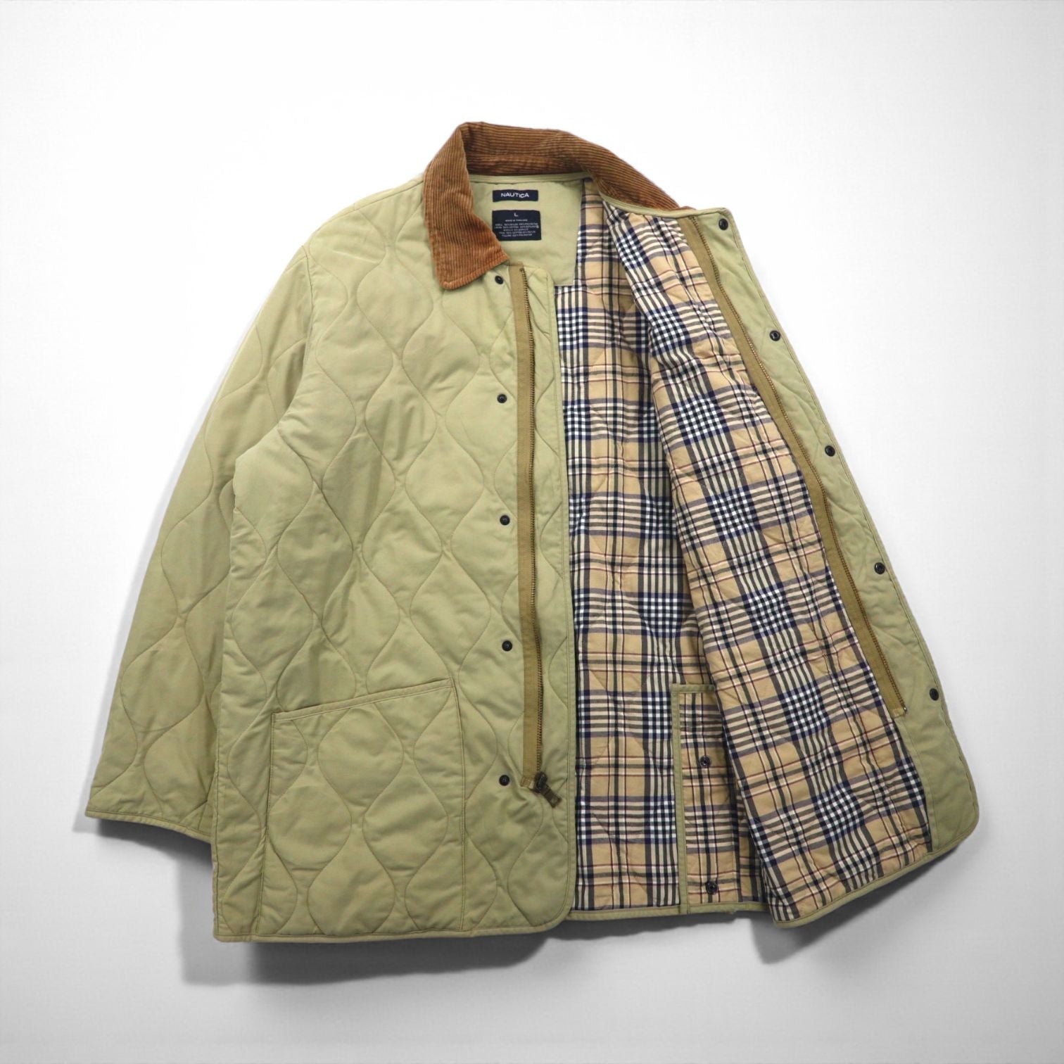 NAUTICA キルティングジャケット L ベージュ 裏地チェック 襟コーデュロイ 中綿 Smart Fabric technology スナップボタン ファスナー開閉