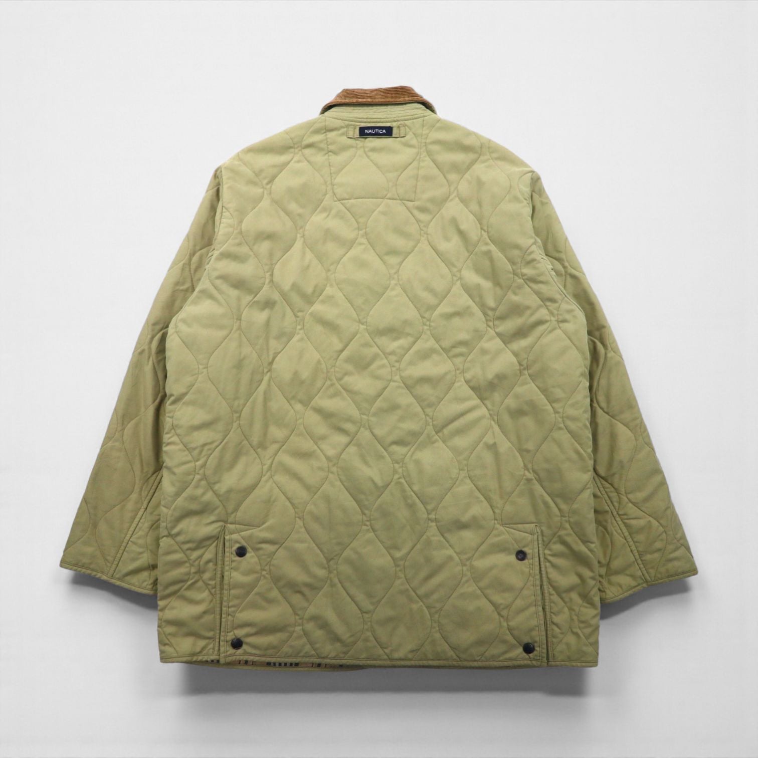 NAUTICA キルティングジャケット L ベージュ 裏地チェック 襟コーデュロイ 中綿 Smart Fabric technology スナップボタン ファスナー開閉