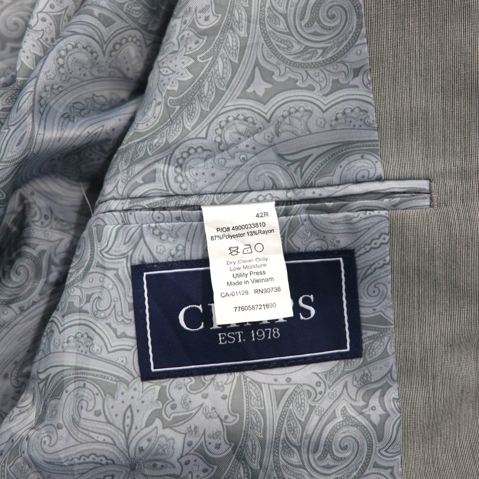 Giacca da completo sartoriale CHAPS 2B L grigio, fodera a fantasia Paisley