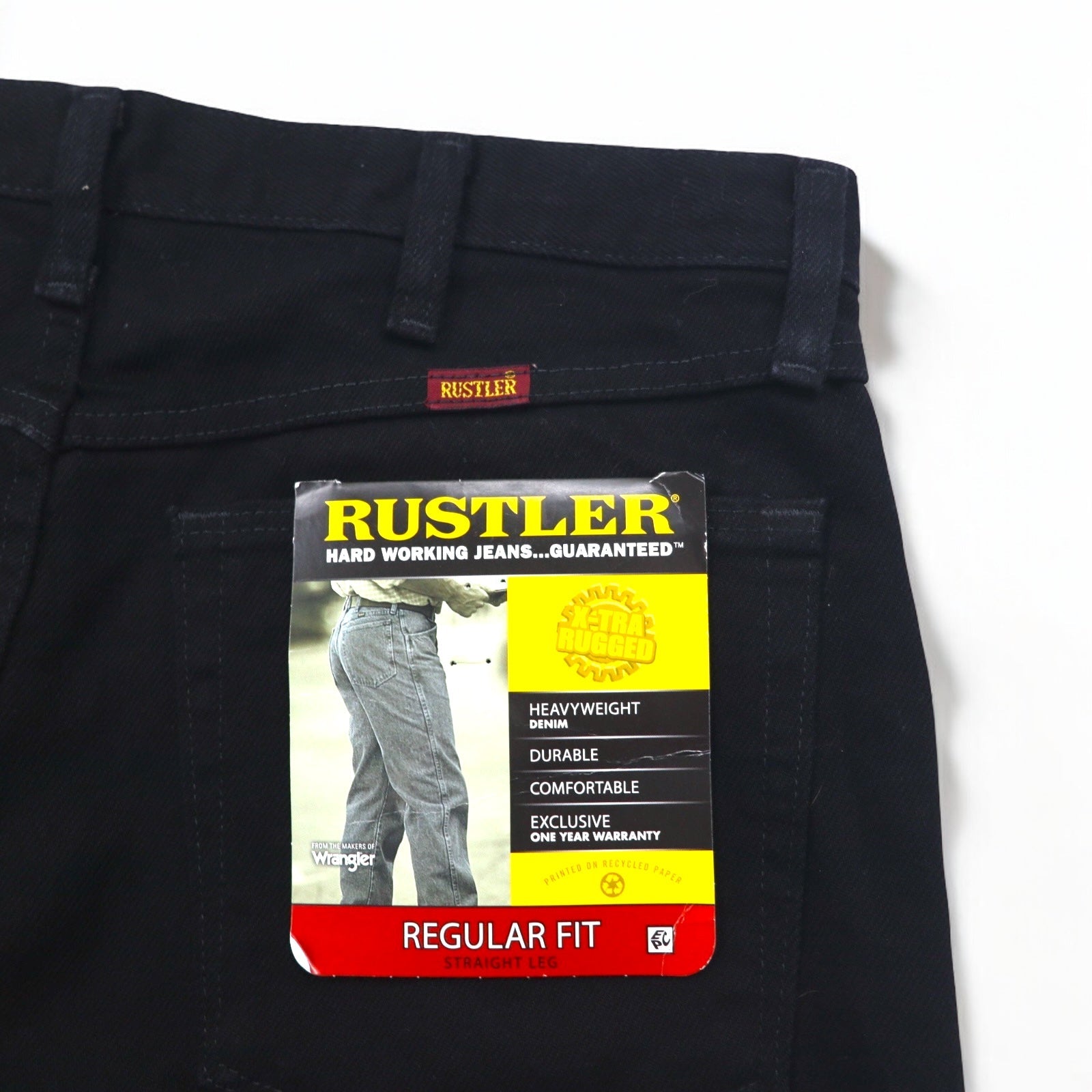 RUSTLER (Wrangler) Jeans Dritti Denim M Neri Regular Fit 87619CB Made in Mexico Nuovo con Etichette