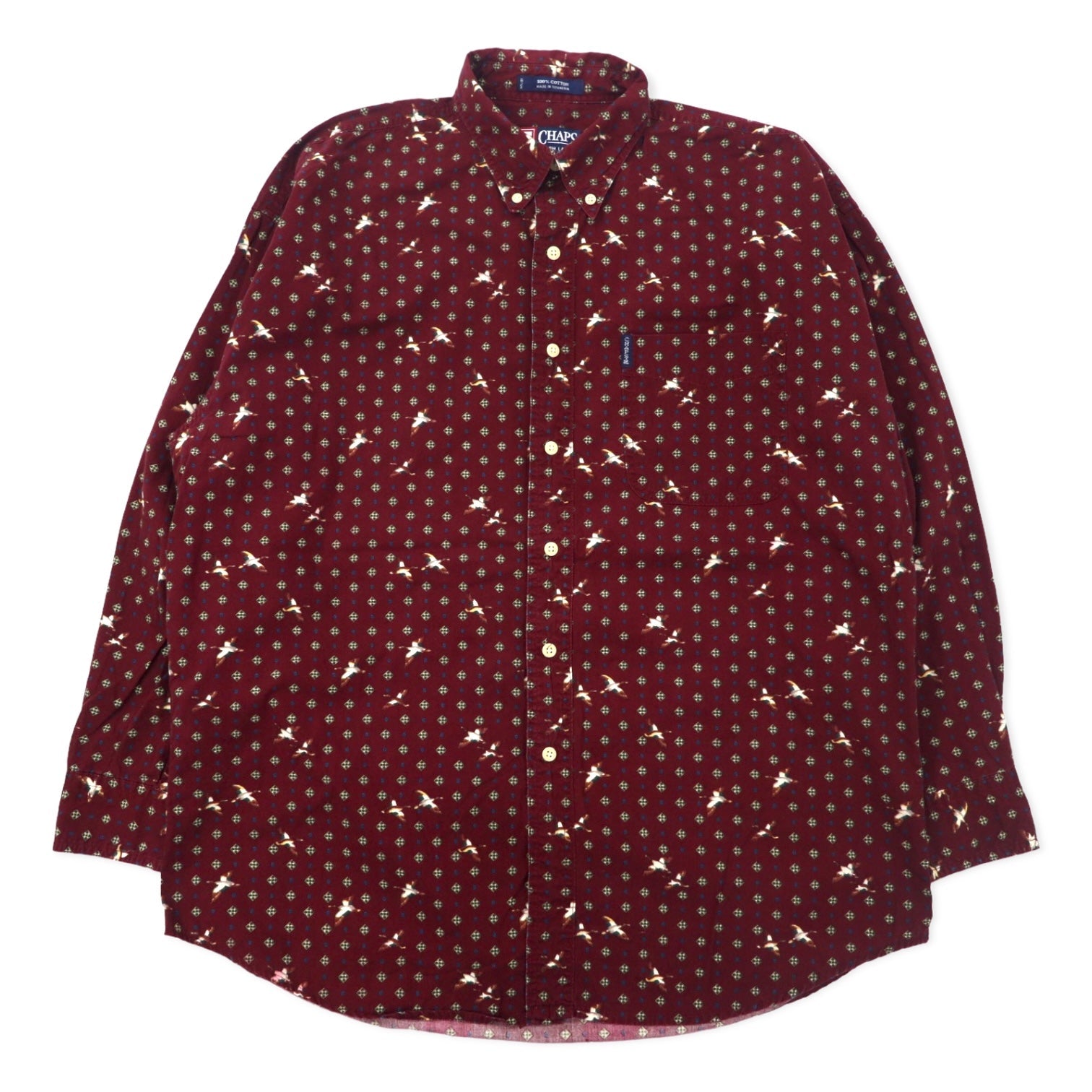 CHAPS RALPH LAUREN anni '90 camicia button-down fantasia L bordeaux cotone mimetica