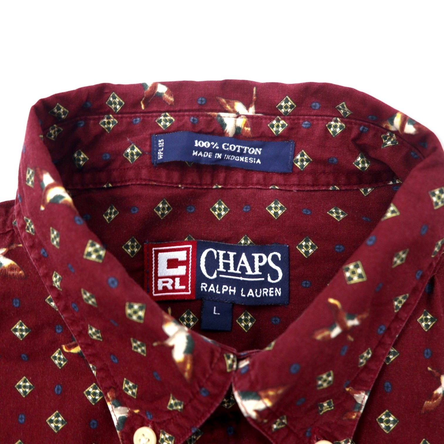 CHAPS RALPH LAUREN anni '90 camicia button-down fantasia L bordeaux cotone mimetica