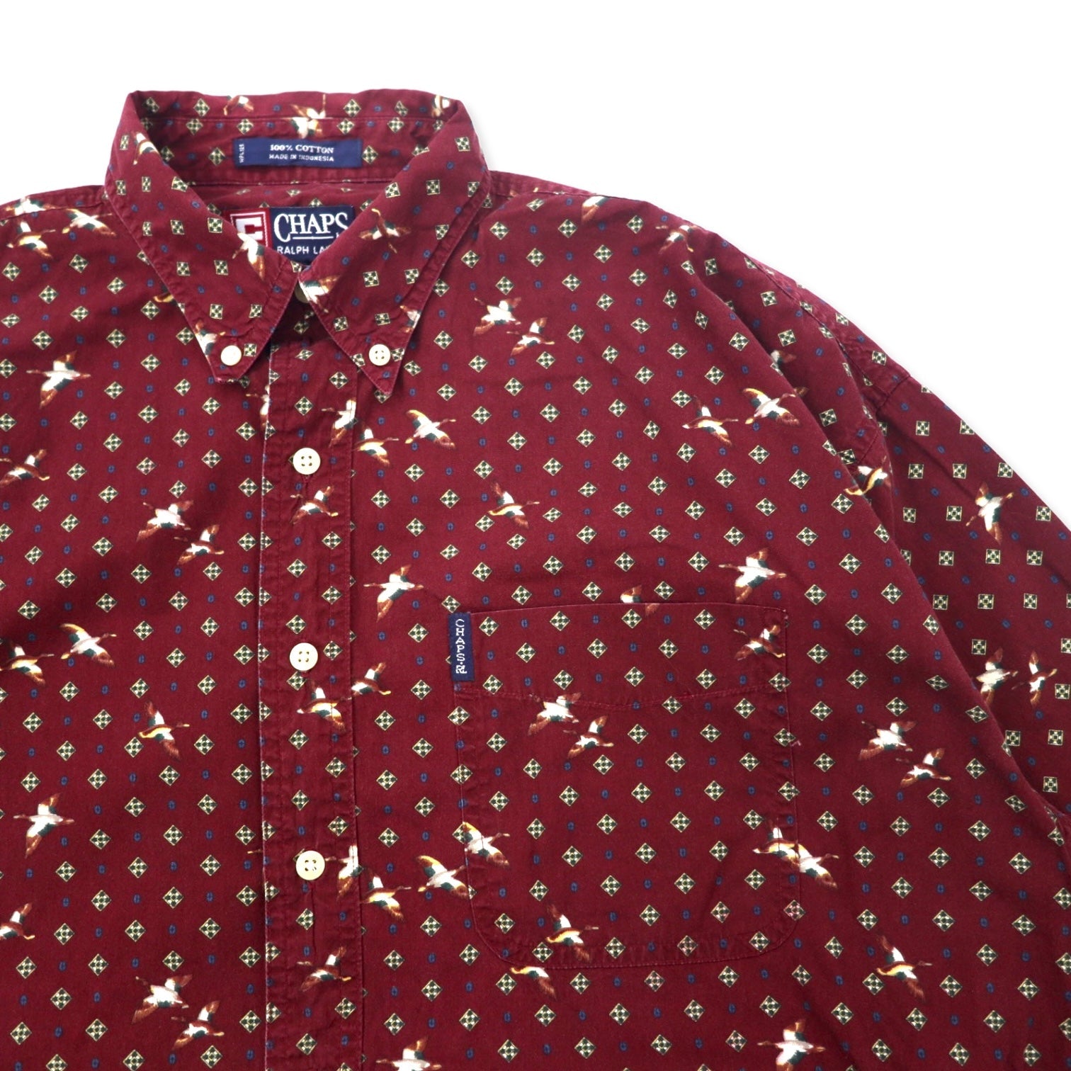 CHAPS RALPH LAUREN anni '90 camicia button-down fantasia L bordeaux cotone mimetica