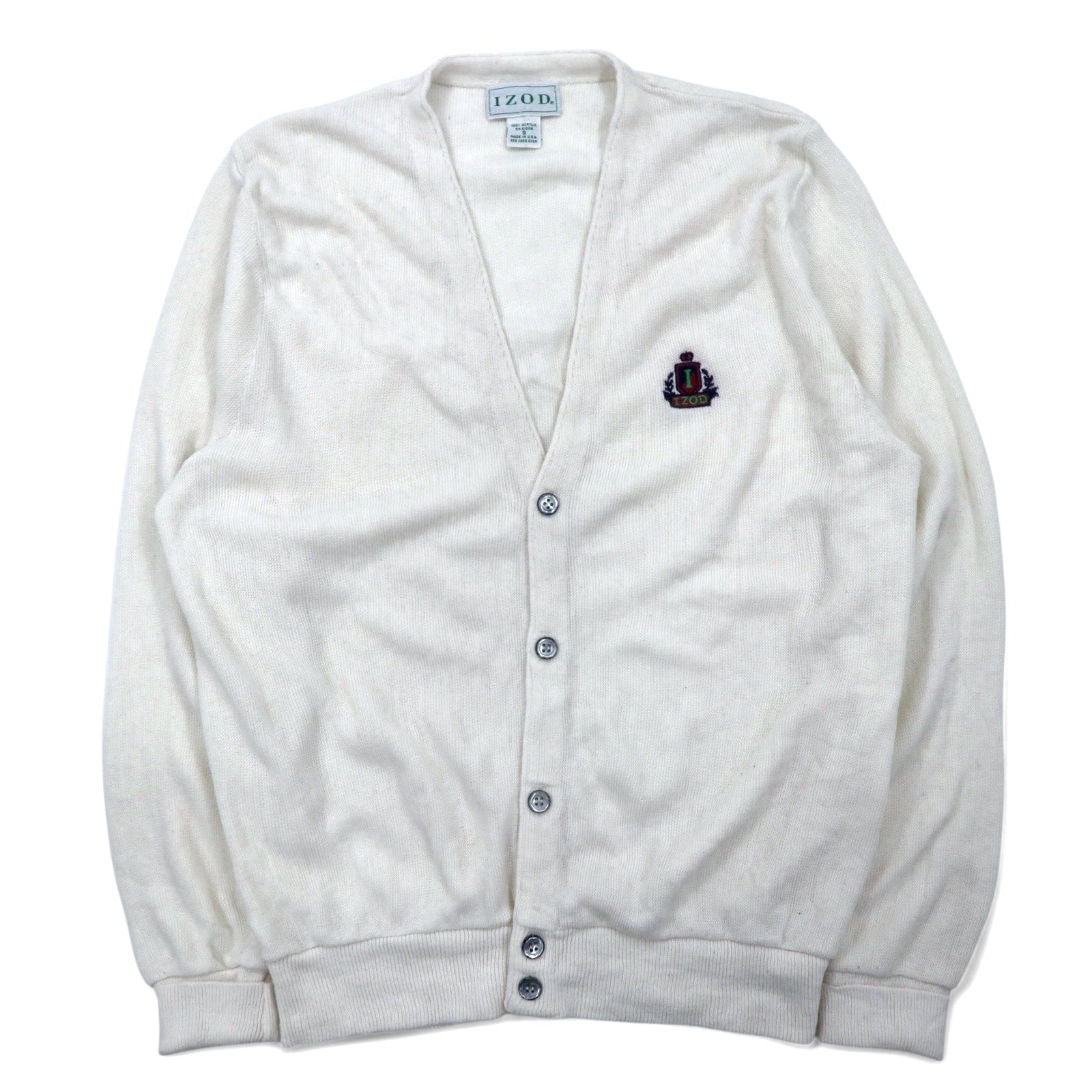 Cardigan in maglia acrilica IZOD USA, anni '90, taglia S, bianco, logo ricamato.