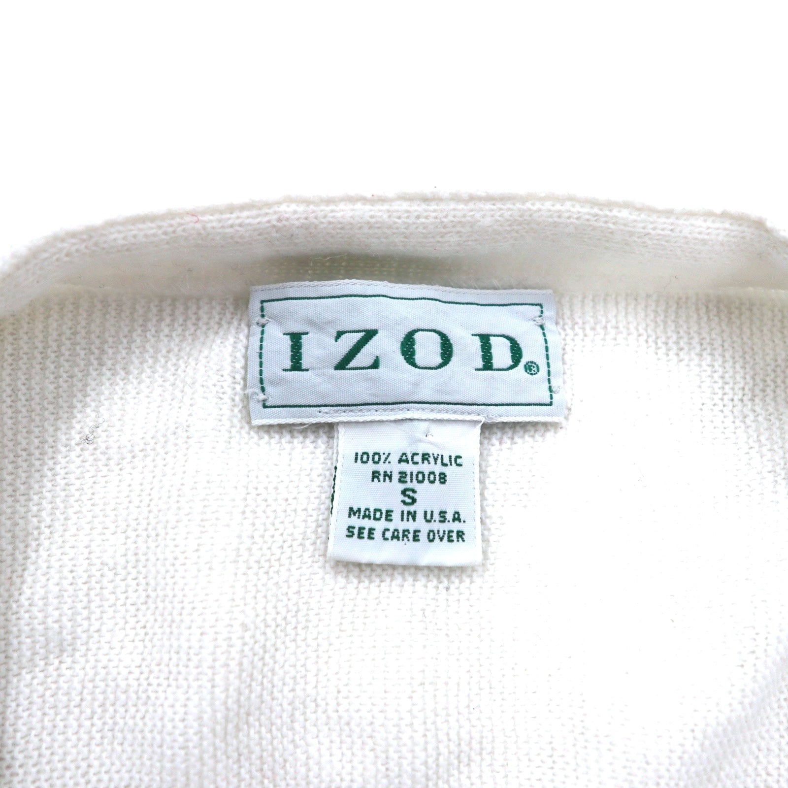 Cardigan in maglia acrilica IZOD USA, anni '90, taglia S, bianco, logo ricamato.