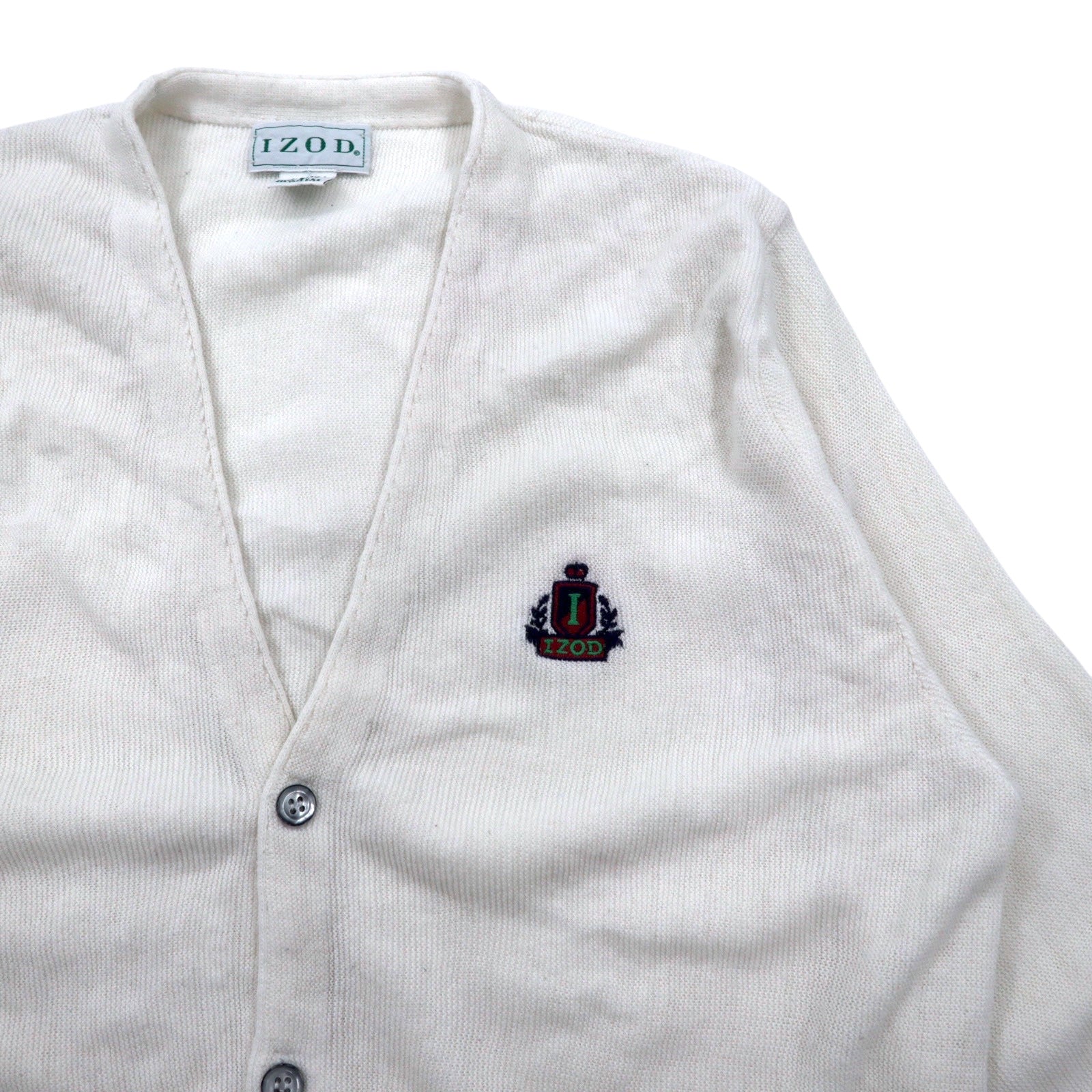 Cardigan in maglia acrilica IZOD USA, anni '90, taglia S, bianco, logo ricamato.