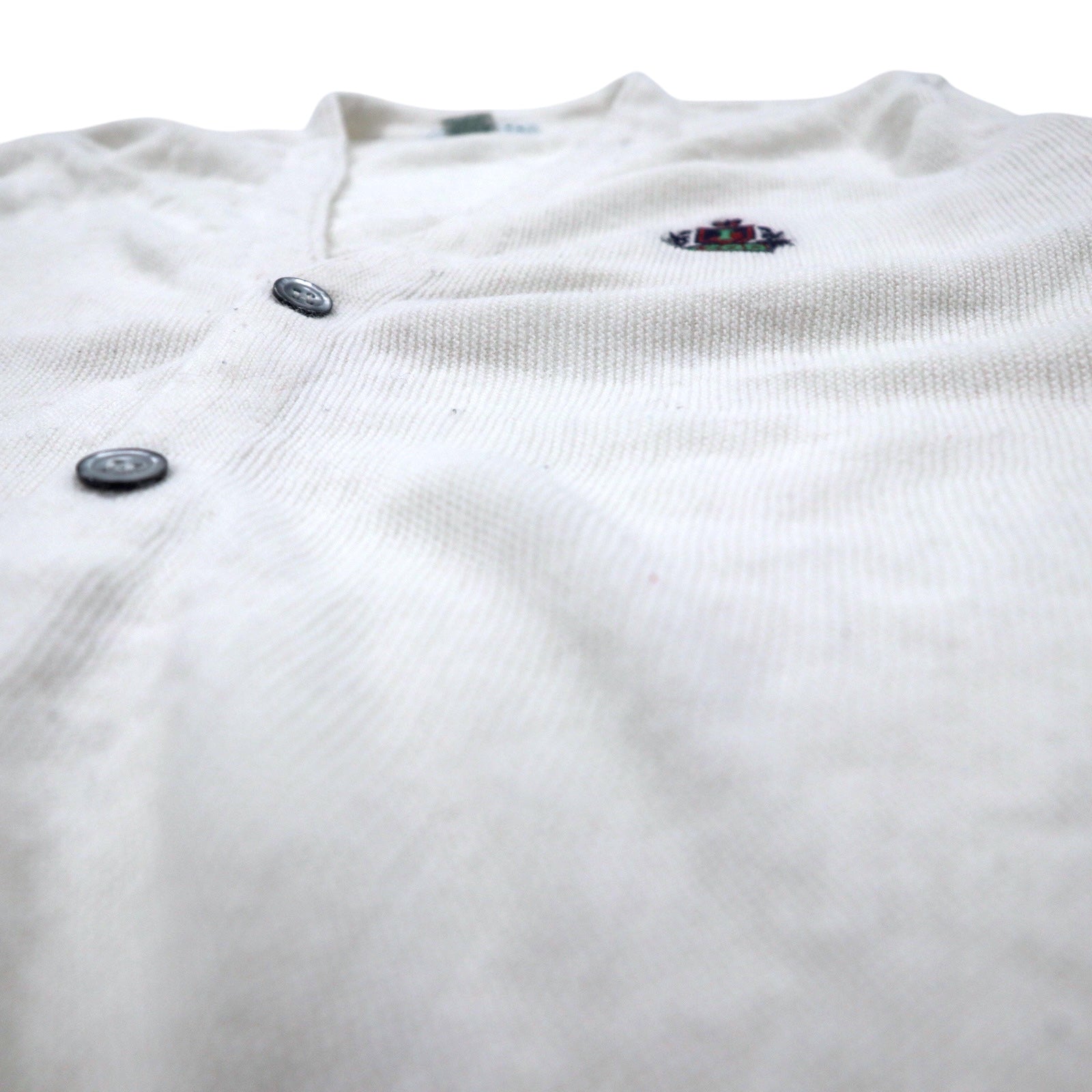 Cardigan in maglia acrilica IZOD USA, anni '90, taglia S, bianco, logo ricamato.