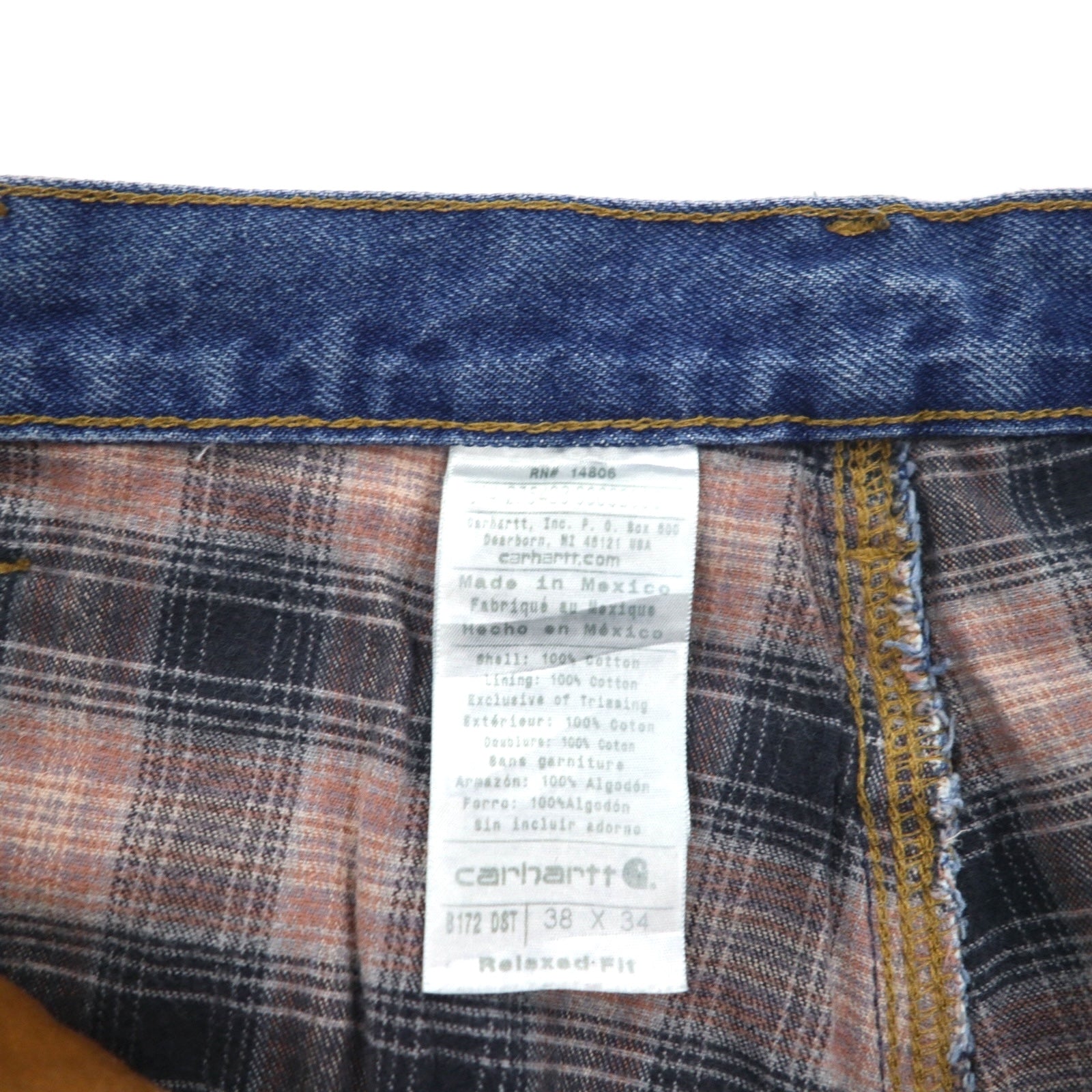 Carhartt Pantaloni Jeans Foderati in Flanella Vestibilità Rilassata XL Blu Indaco Fodera a Quadri B172 DST Made in Messico
