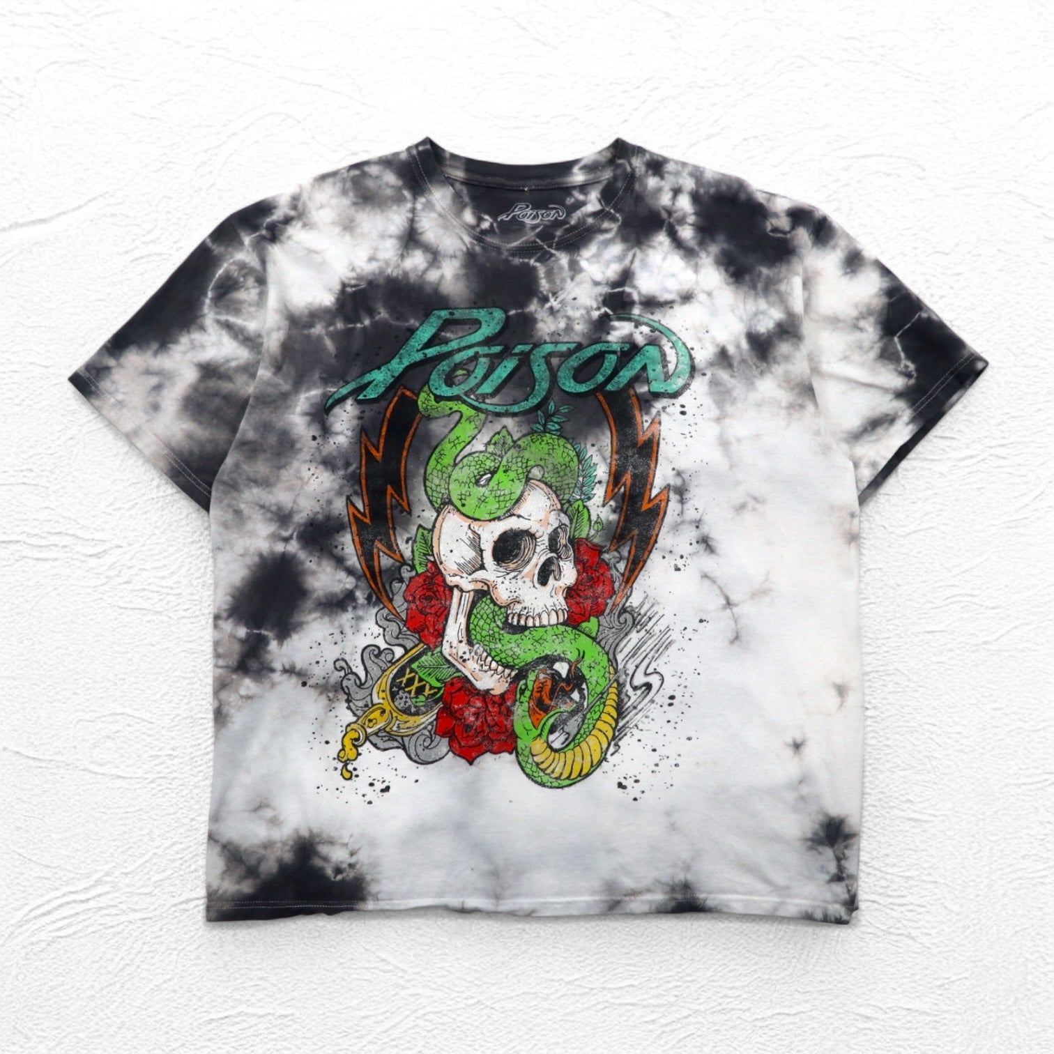 POISON Maglietta della band XL Tie-dye Bianco Grigio Teschio Fatto in Messico