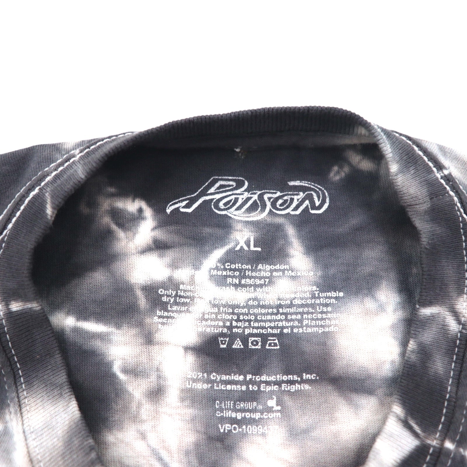 POISON Maglietta della band XL Tie-dye Bianco Grigio Teschio Fatto in Messico