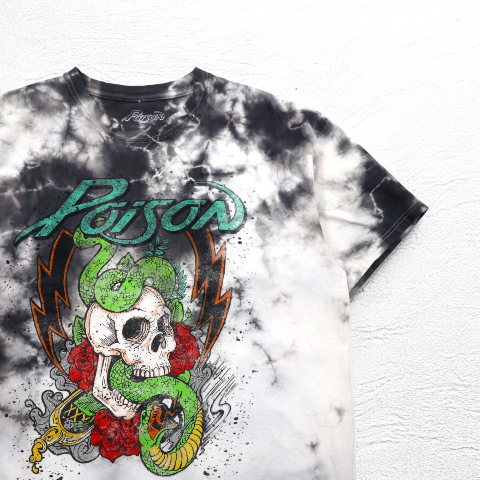 POISON Maglietta della band XL Tie-dye Bianco Grigio Teschio Fatto in Messico