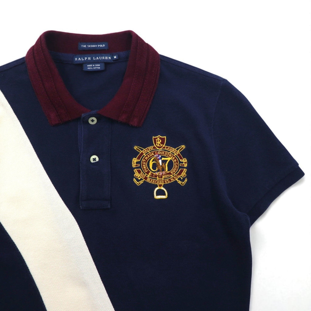 RALPH LAUREN anni '90 THE SKINNY POLO polo a righe M blu navy con ricamo stemma e pony