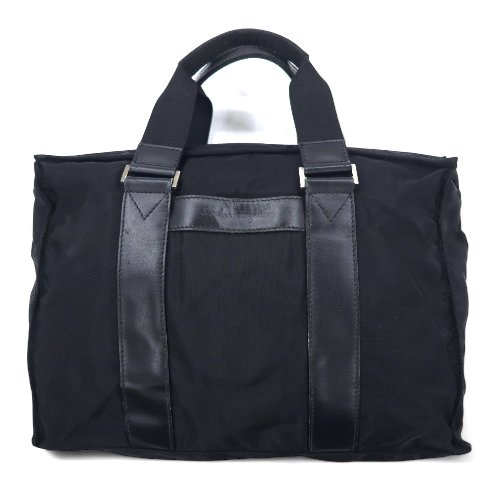 Salvatore Ferragamo Borsa da lavoro a mano in nylon nero, Made in Italy, DS-245029