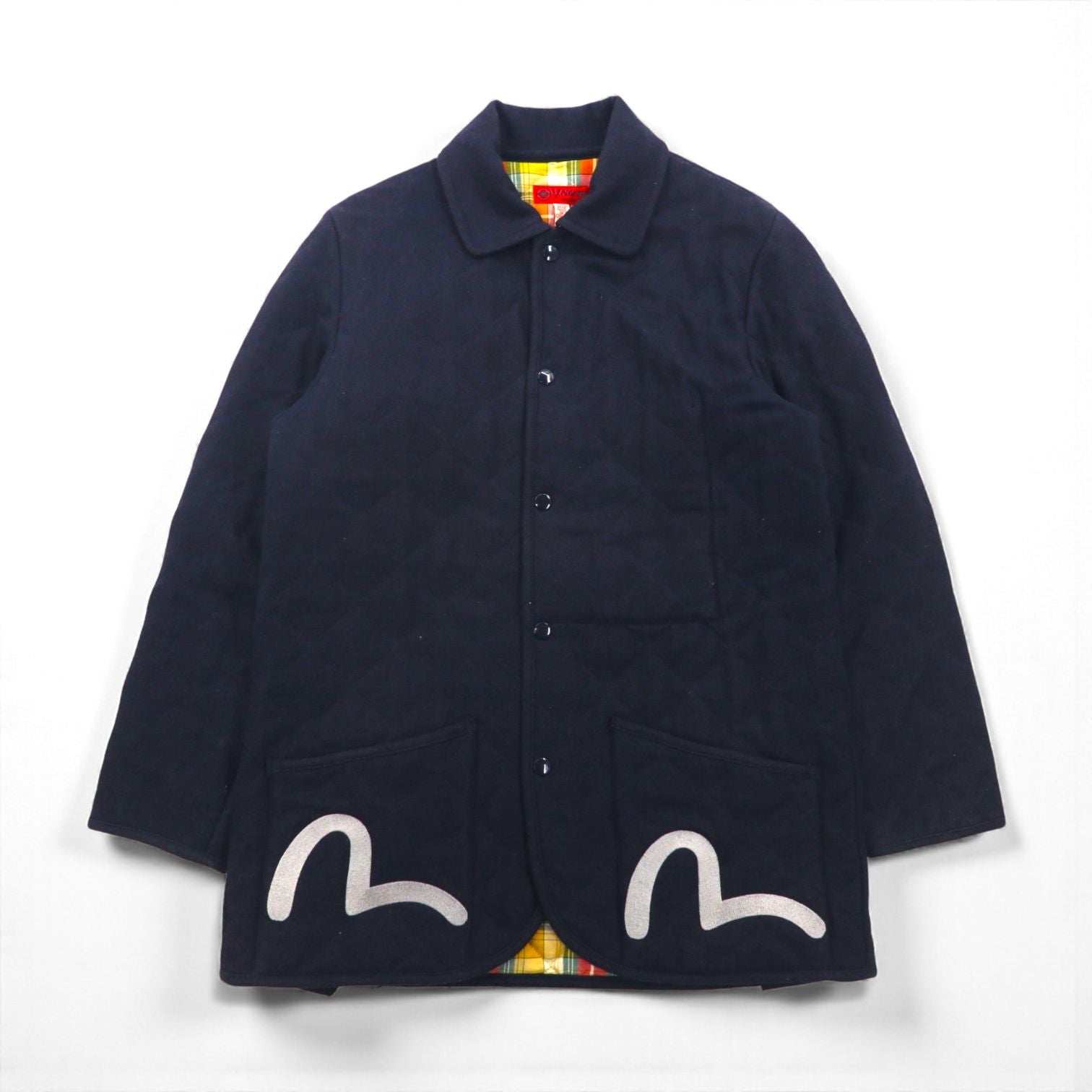 YAMANE ( EVISU ) ツイード キルティングジャケット L ネイビー 刺繍 カモメ 中綿 タータンチェック裏地