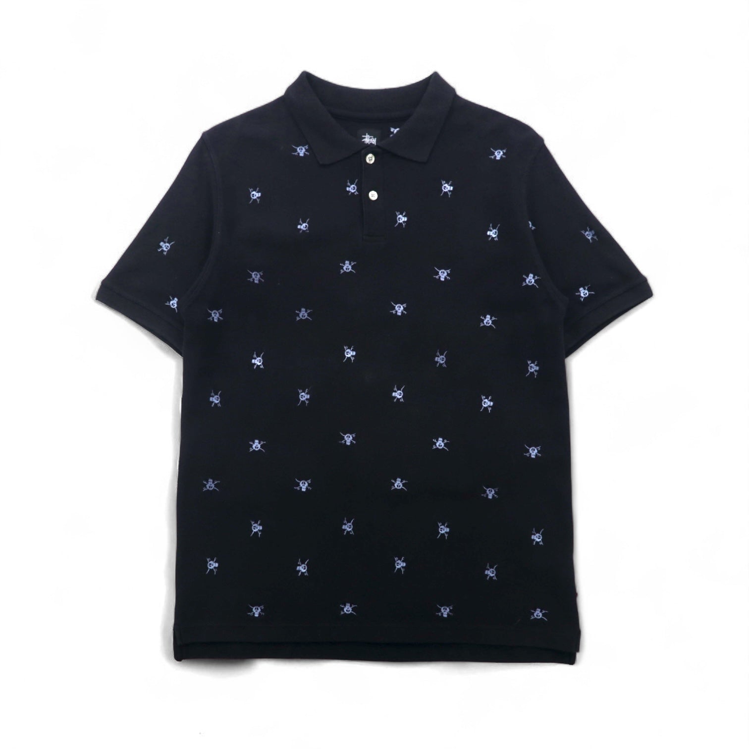 stussy スカル刺繍 ポロシャツ M ブラック コットン 鹿の子 総柄
