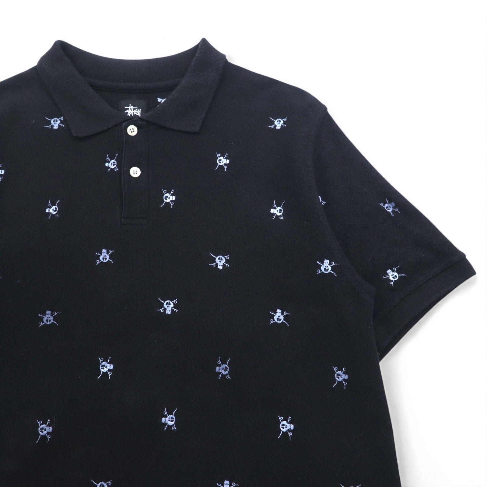 Polo Stussy con ricamo a teschio, taglia M, nera, in cotone, piquet, fantasia all-over