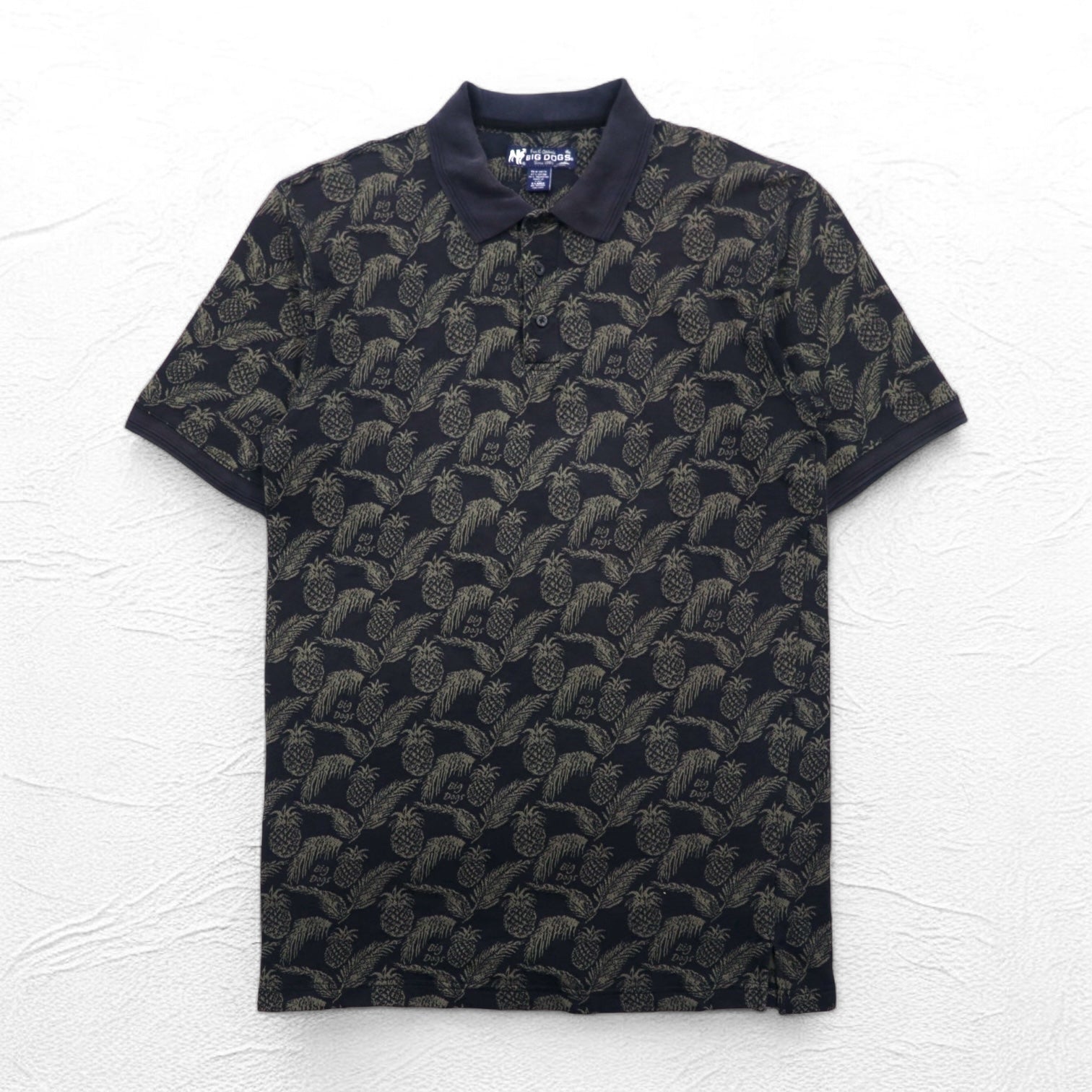 Polo vintage anni '90 BIG DOGS Anni '90 Polo XL nera fantasia ananas botanica taglia grande