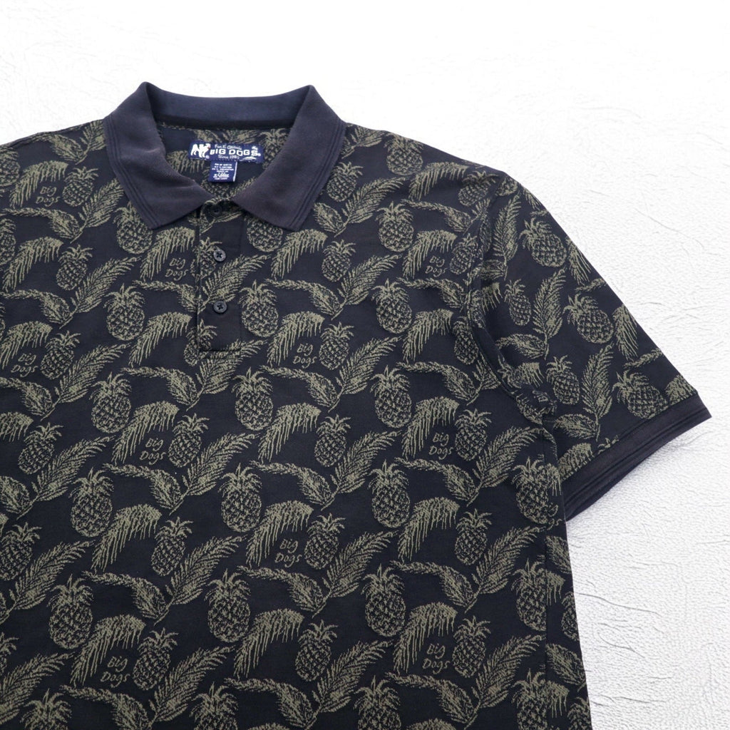 Polo vintage anni '90 BIG DOGS Anni '90 Polo XL nera fantasia ananas botanica taglia grande