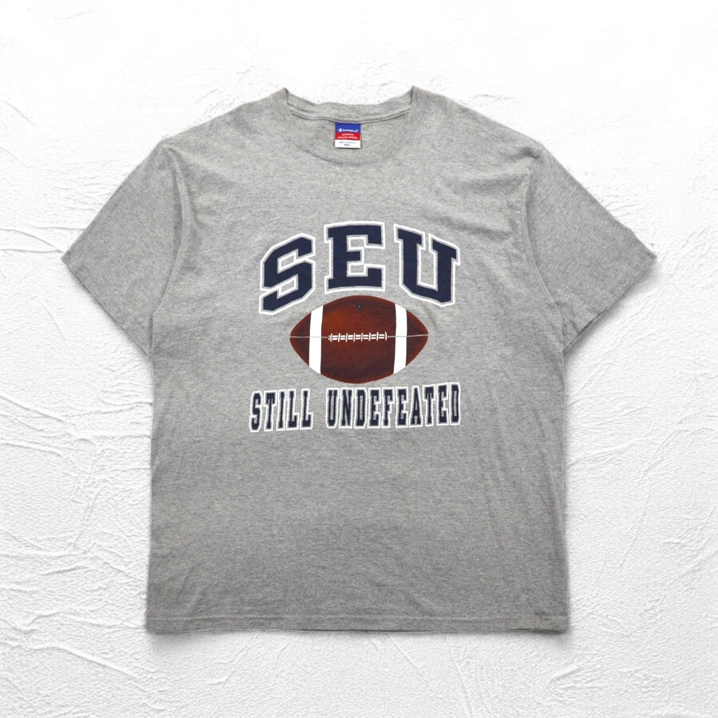 Champion anni 2000 T-shirt stampa college 2XL grigio SEU logo ad arco taglia oversize made in Honduras