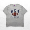 Champion anni 2000 T-shirt stampa college 2XL grigio SEU logo ad arco taglia oversize made in Honduras