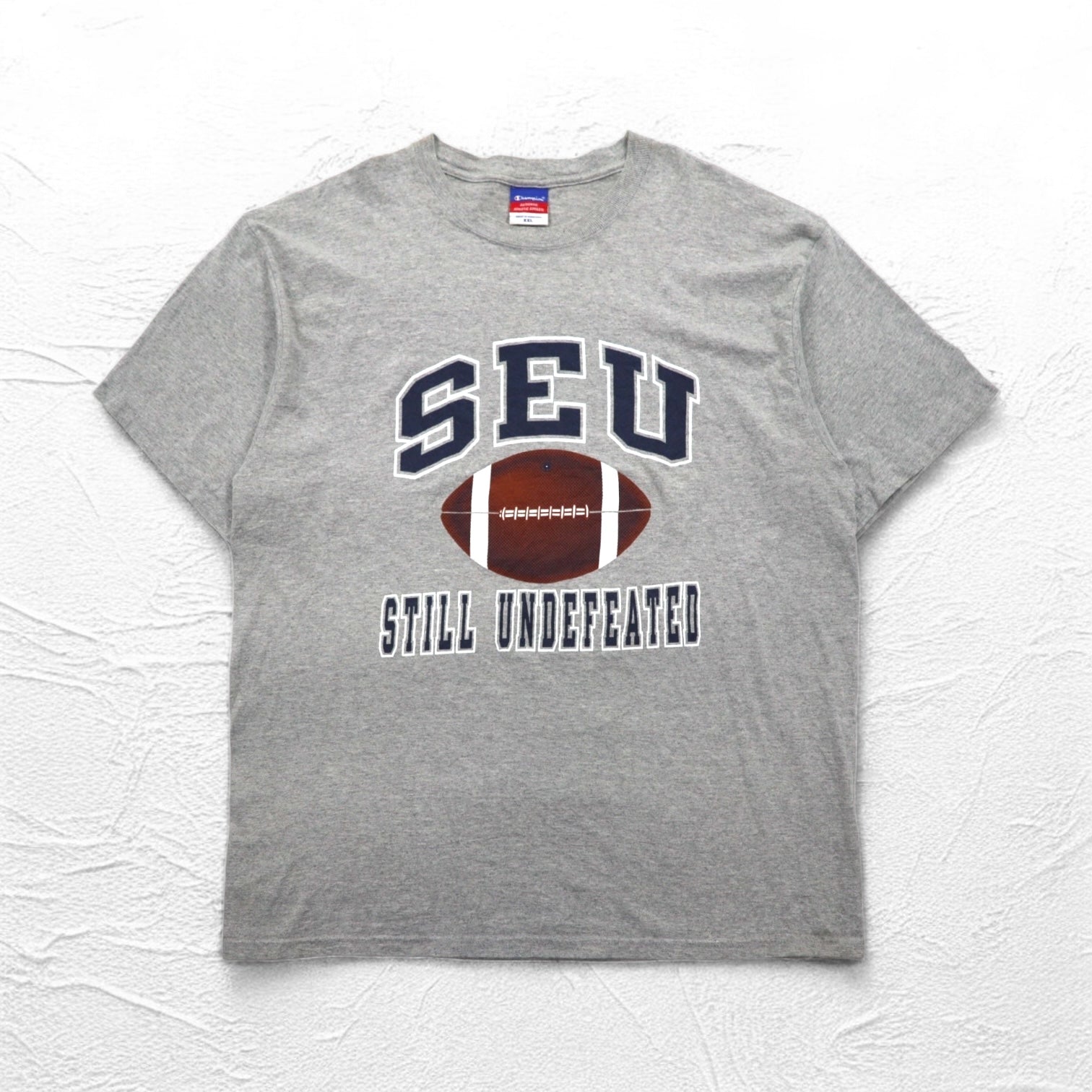 Champion anni 2000 T-shirt stampa college 2XL grigio SEU logo ad arco taglia oversize made in Honduras