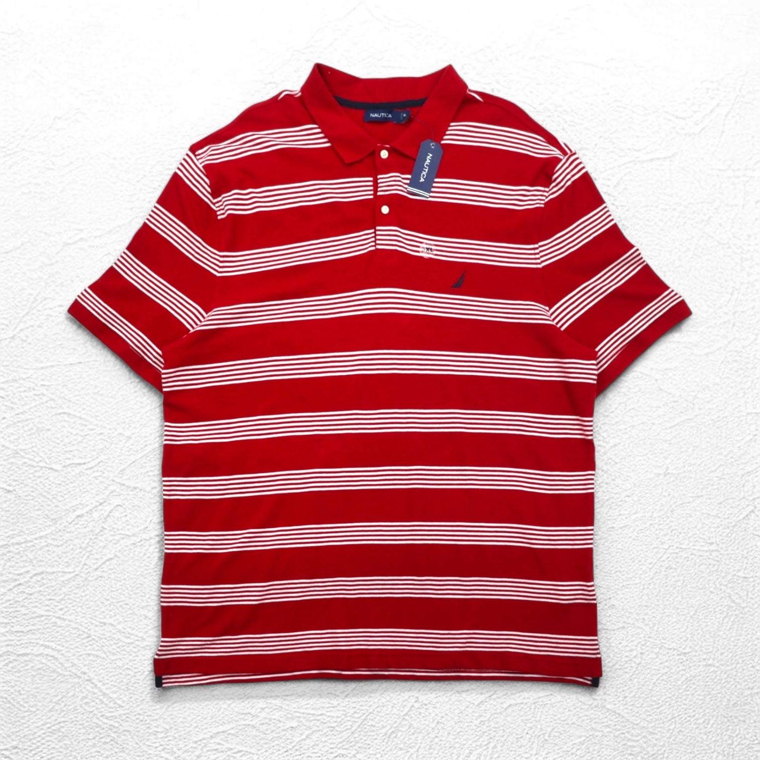 Polo Nautica a righe taglia grande 3XL rossa in cotone piqué con ricamo logo a punto singolo, mai usata