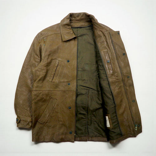 80s France Vintage Belted Leather Jacket シボ革 レザーコート XL 比翼 ベルト付き 80年代 フランス製 McDouglas PARIS