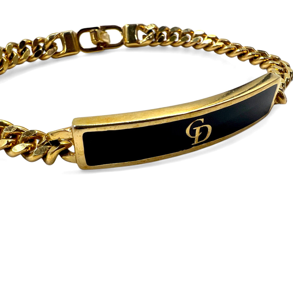 Bracciale Christian Dior vintage con logo identificativo, catena a maglie, placcato oro, logo CD, incisione GERMANY, fabbricato in Germania