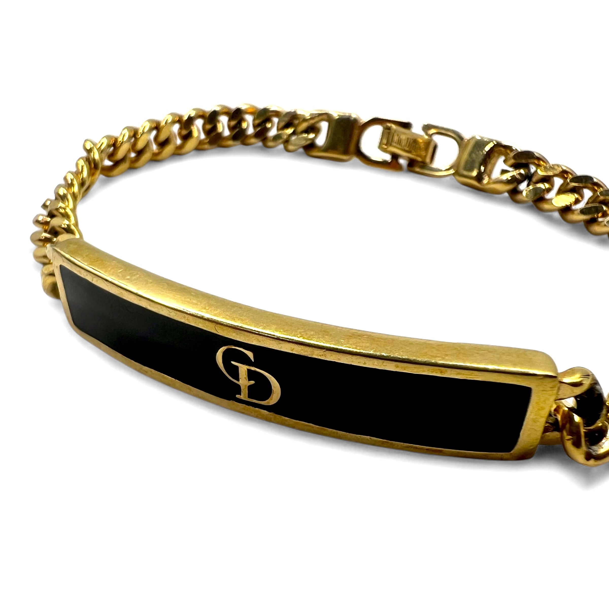 Bracciale Christian Dior vintage con logo identificativo, catena a maglie, placcato oro, logo CD, incisione GERMANY, fabbricato in Germania