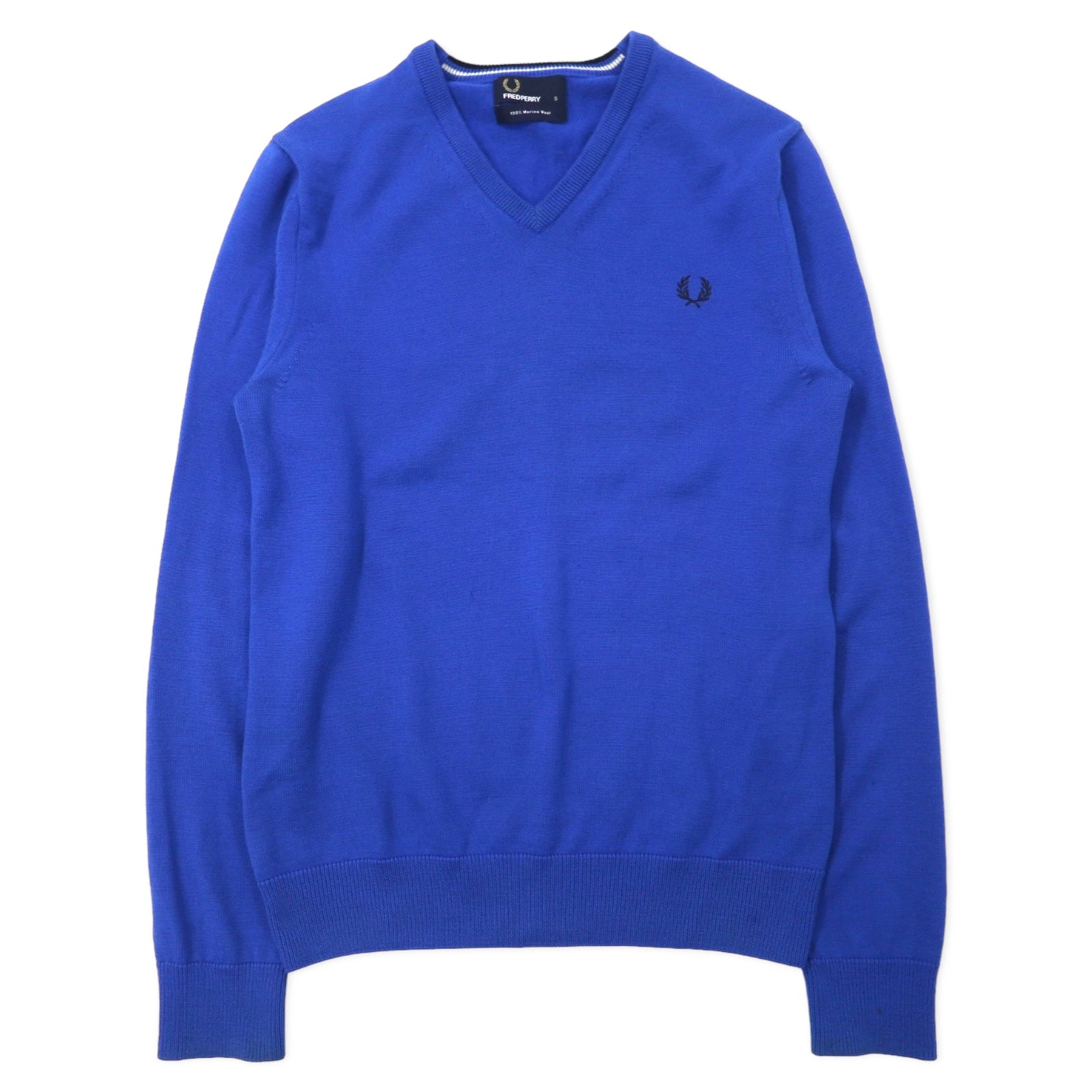 FRED PERRY Maglione in lana merino con scollo a V, blu, taglia S, ricamo logo K8225