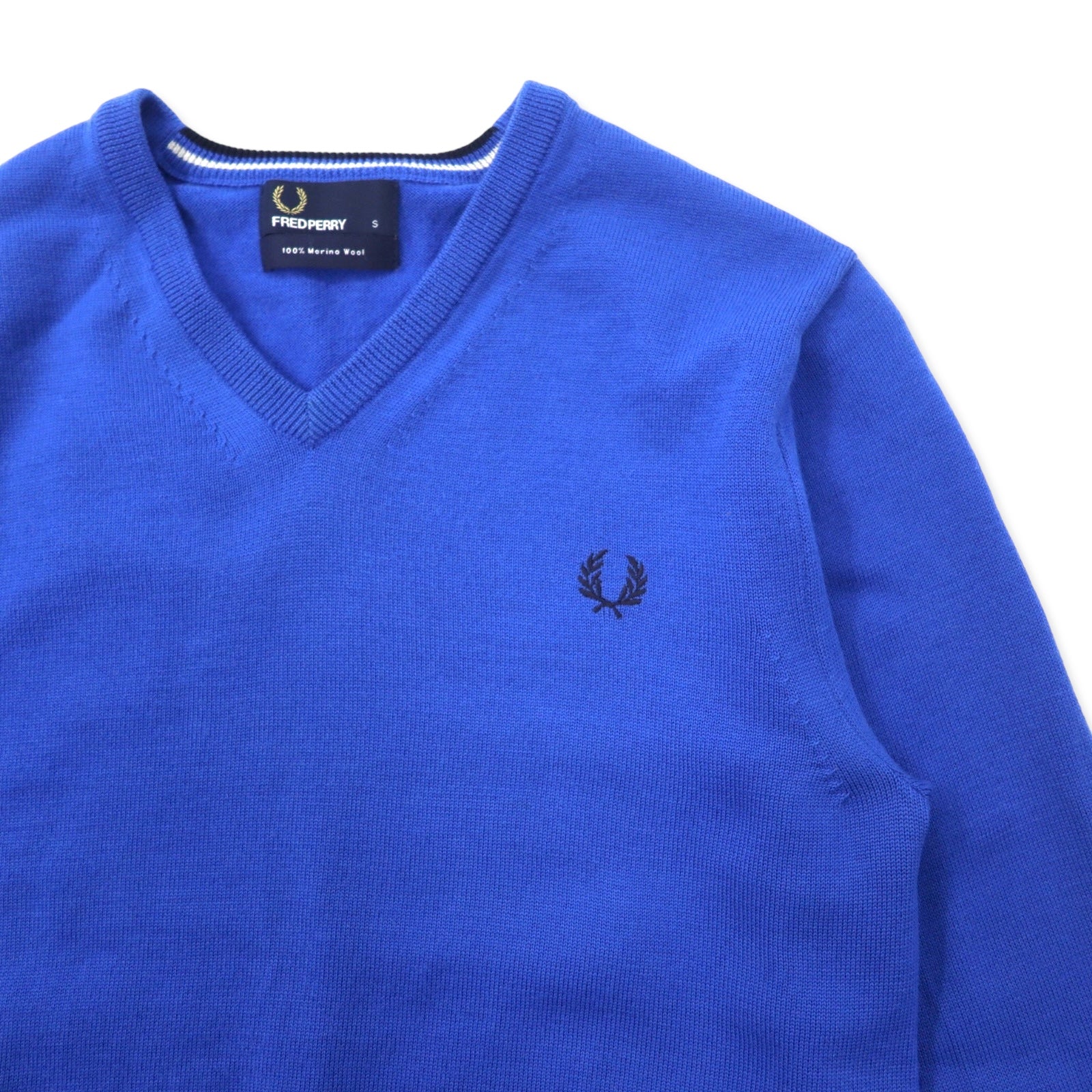 FRED PERRY Maglione in lana merino con scollo a V, blu, taglia S, ricamo logo K8225