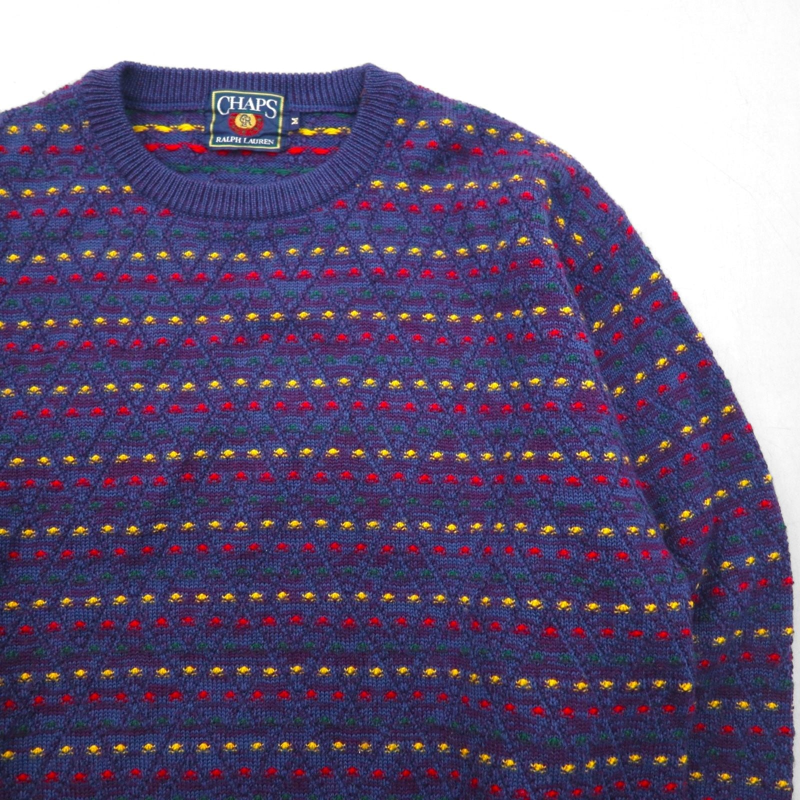 CHAPS RALPH LAUREN 90年代 日本製 クルーネック 総柄 ニット セーター M ネイビー ウール