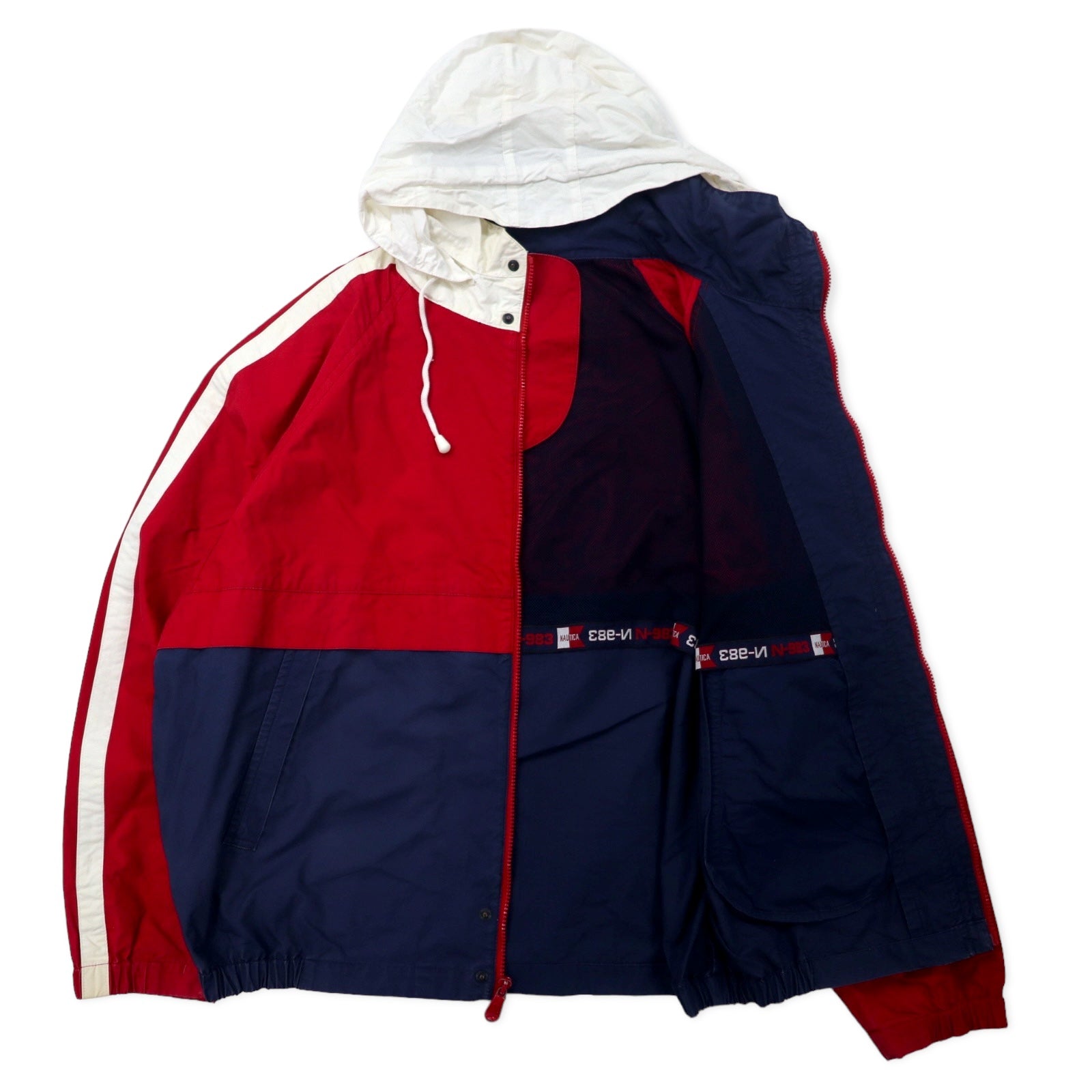 nautica Anni '90 Giacca da vela XL Blu navy Rosso Cotone Righe laterali N983 Cappuccio a scomparsa Taglia grande