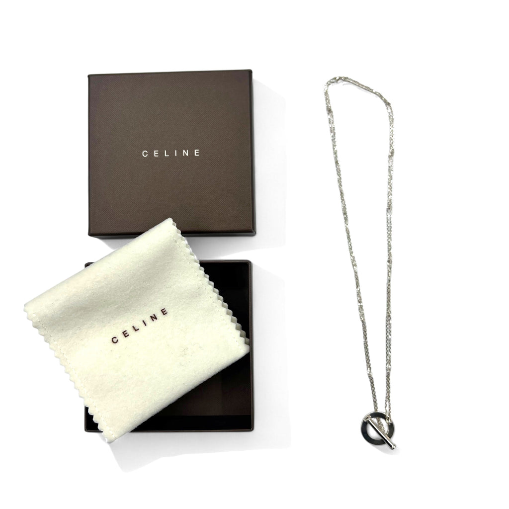 CELINE Collana con ciondolo a logo circolare, chiusura a levetta, Argento 925