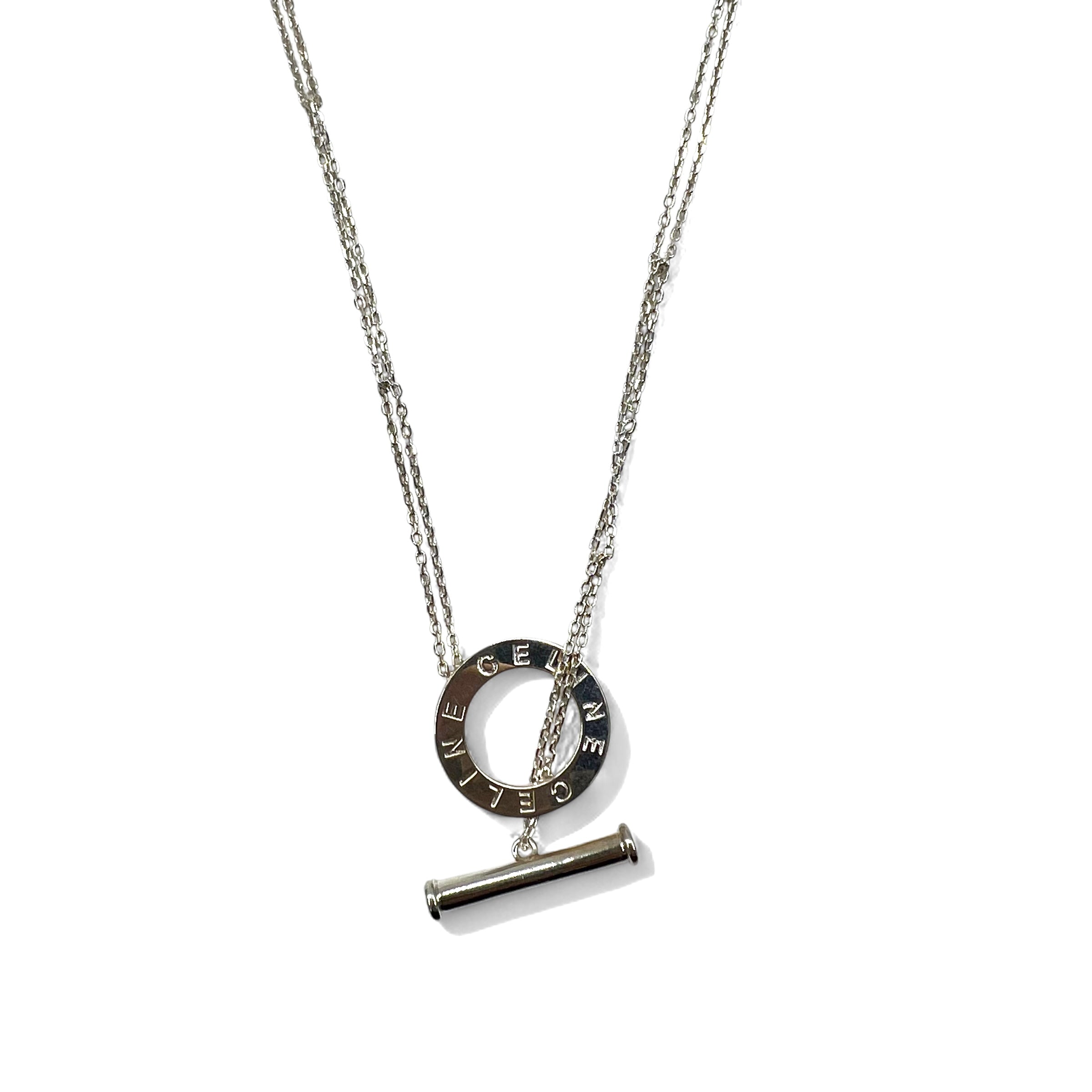 CELINE Collana con ciondolo a logo circolare, chiusura a levetta, Argento 925