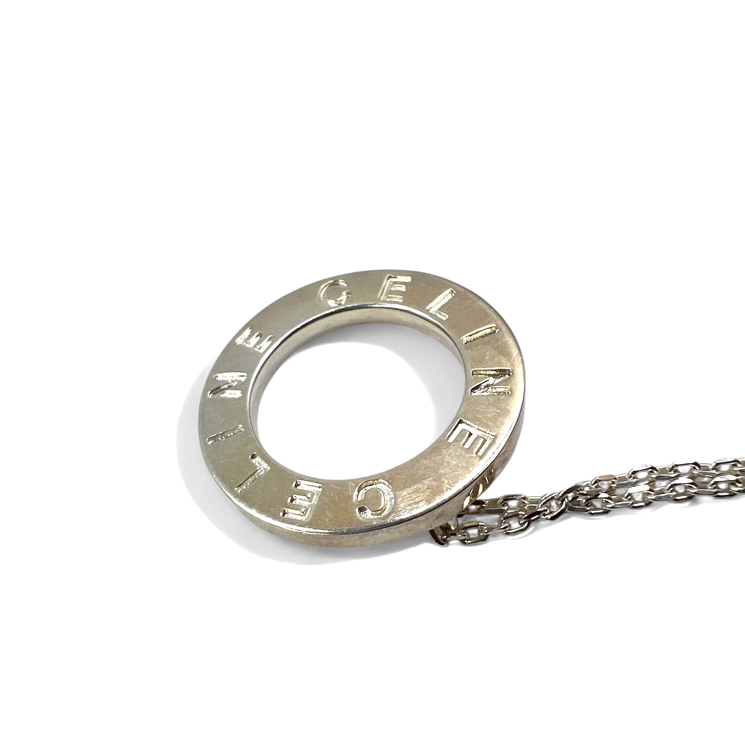 CELINE Collana con ciondolo a logo circolare, chiusura a levetta, Argento 925