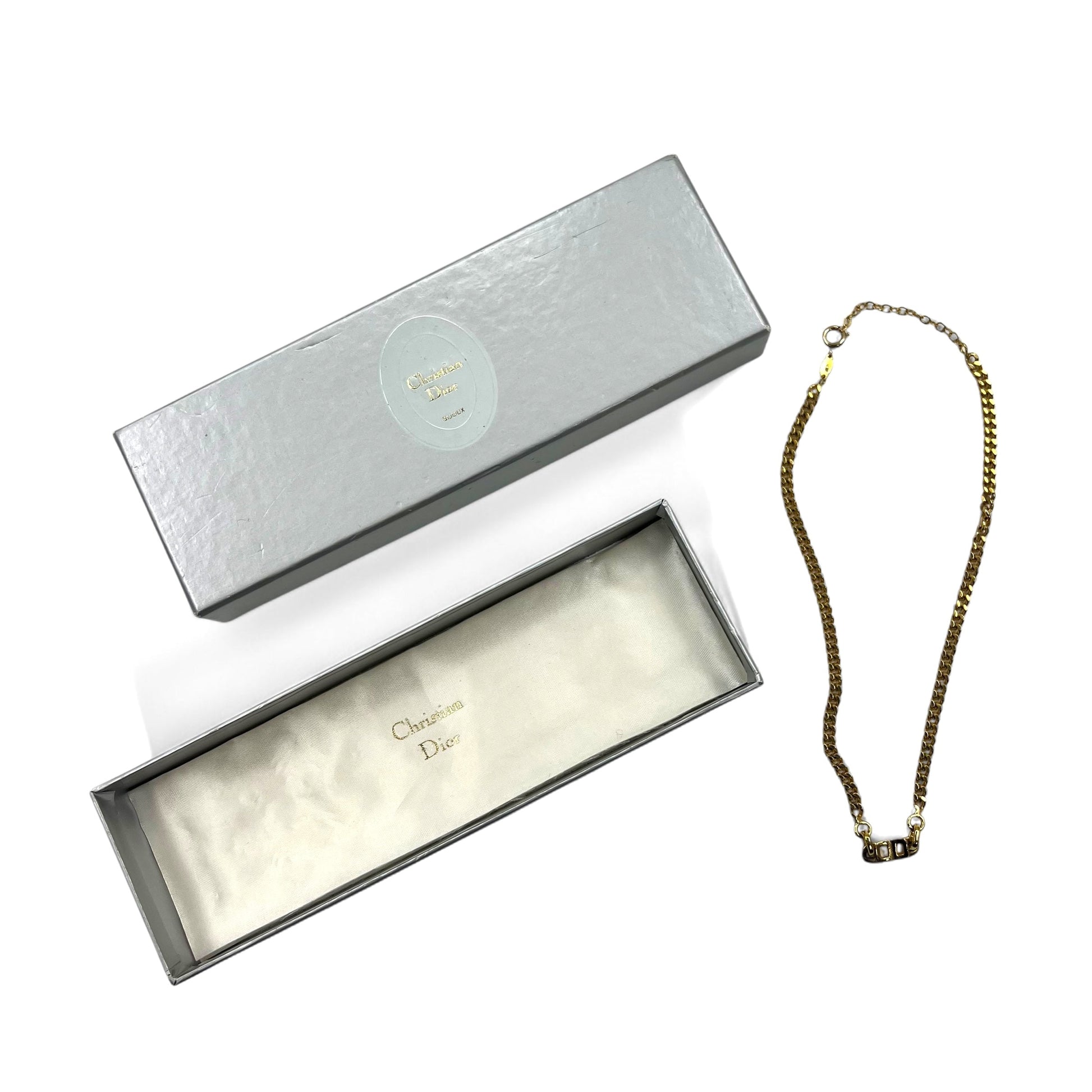 Christian Dior Made in Germany Vintage Girocollo 2 Modi Bracciale a Doppia Catena a Maglia Cubana Oro Logo CD Incisione GERMANY