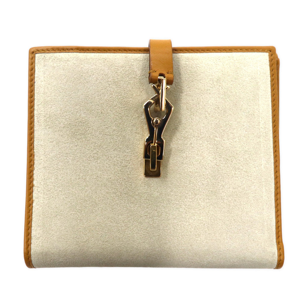 GUCCI Portafoglio a due ante con doppio gancio Jacky beige, pelle scamosciata, 035 2140 2169, made in Italy, articolo non utilizzato