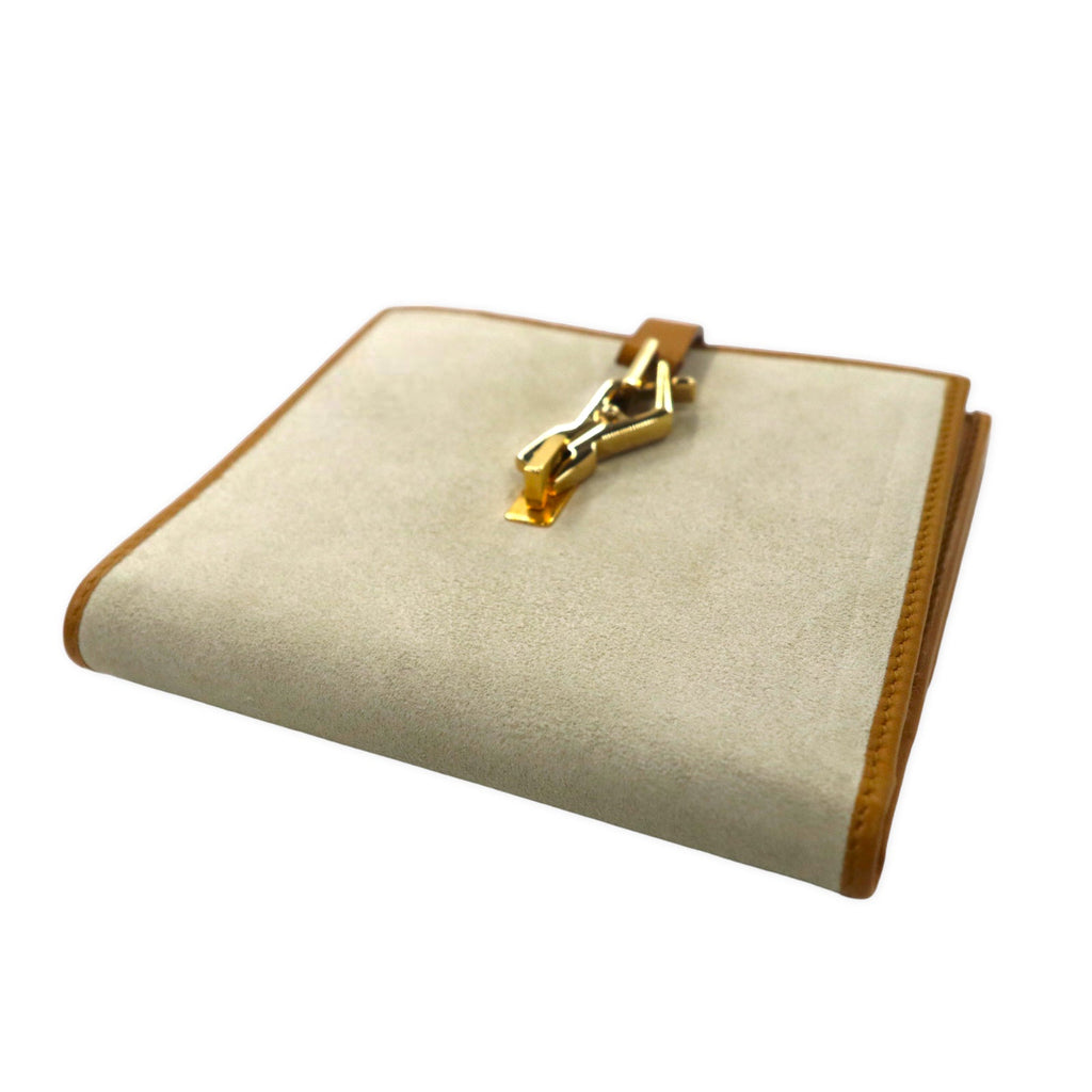 GUCCI Portafoglio a due ante con doppio gancio Jacky beige, pelle scamosciata, 035 2140 2169, made in Italy, articolo non utilizzato